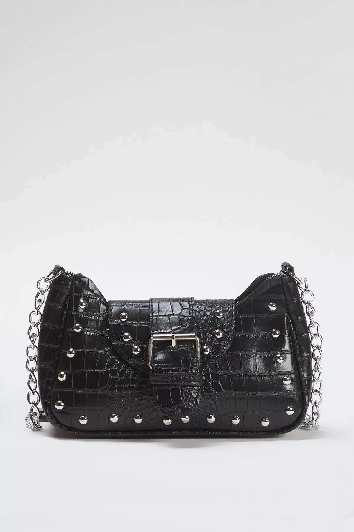 Black Crocodile Patterned Buckle Shoulder Bag, BLACK, large image number 2