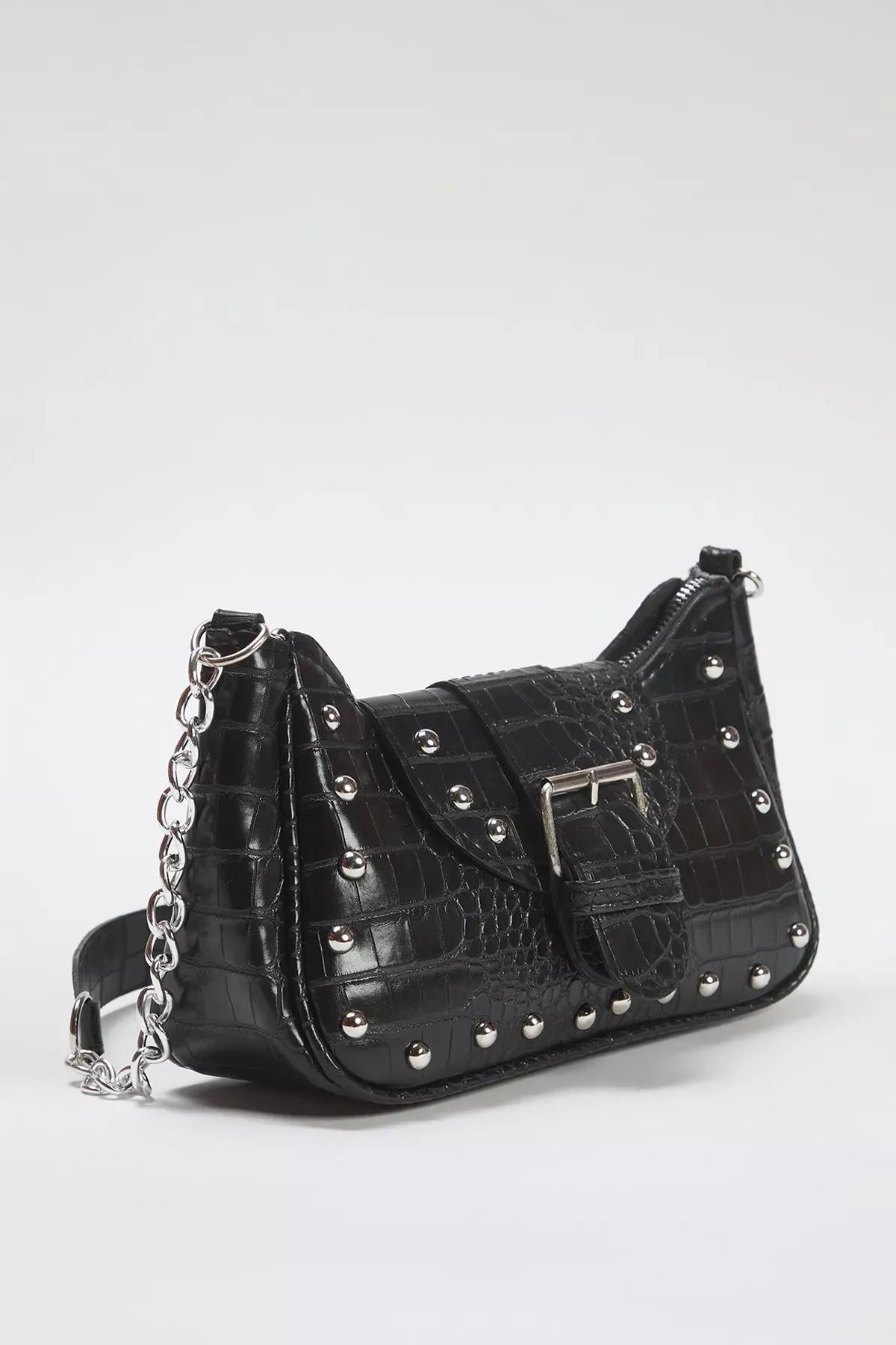 Black Crocodile Patterned Buckle Shoulder Bag, BLACK, large image number 3