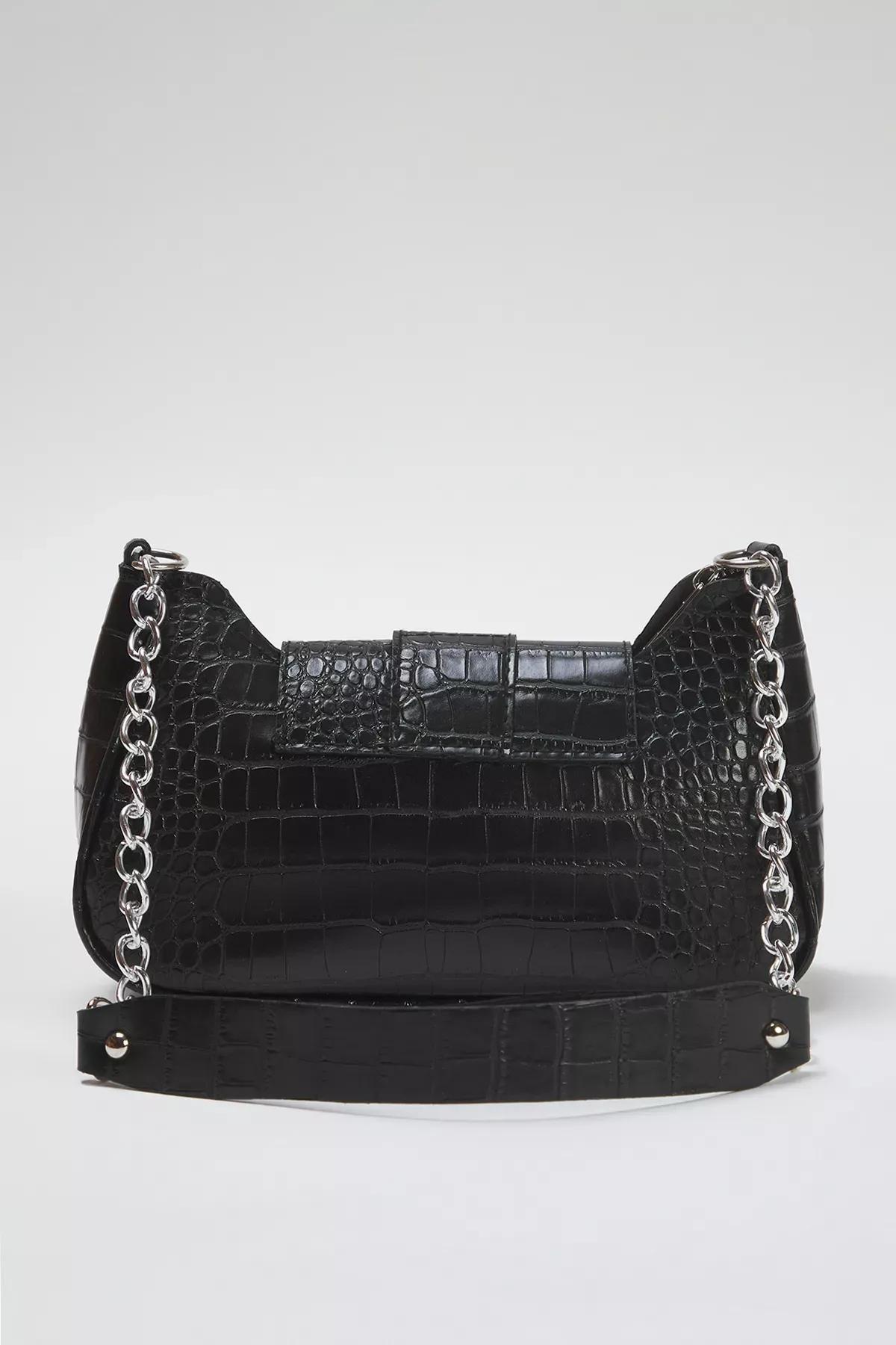 Black Crocodile Patterned Buckle Shoulder Bag, BLACK, large image number 4