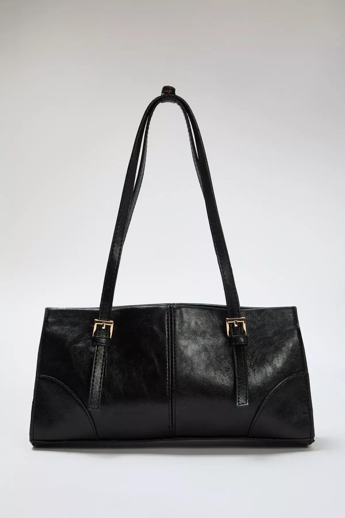 Black Snaped Closure Shoulder Bag, BLACK, large image number 2