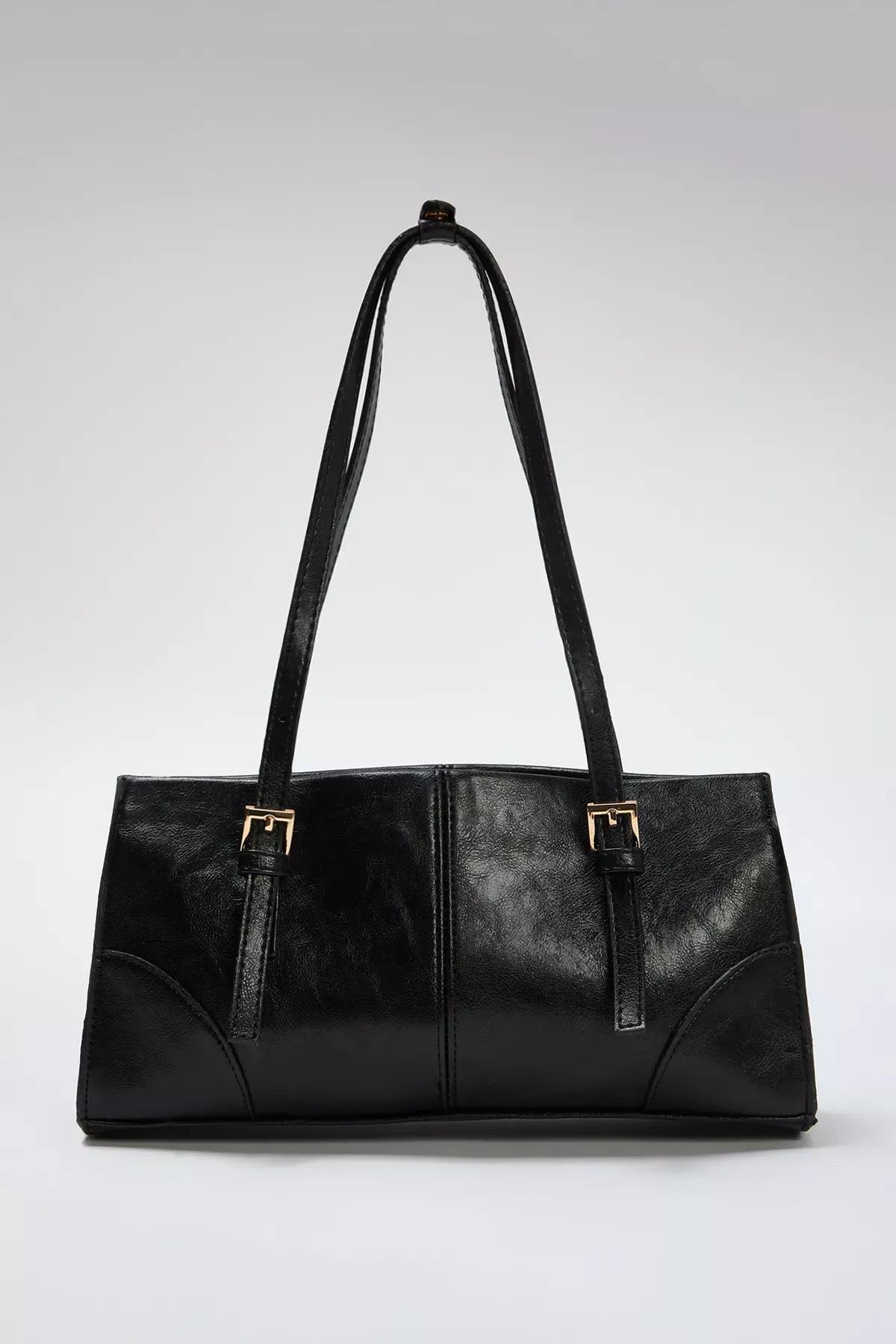 Black Snaped Closure Shoulder Bag, BLACK, large image number 3