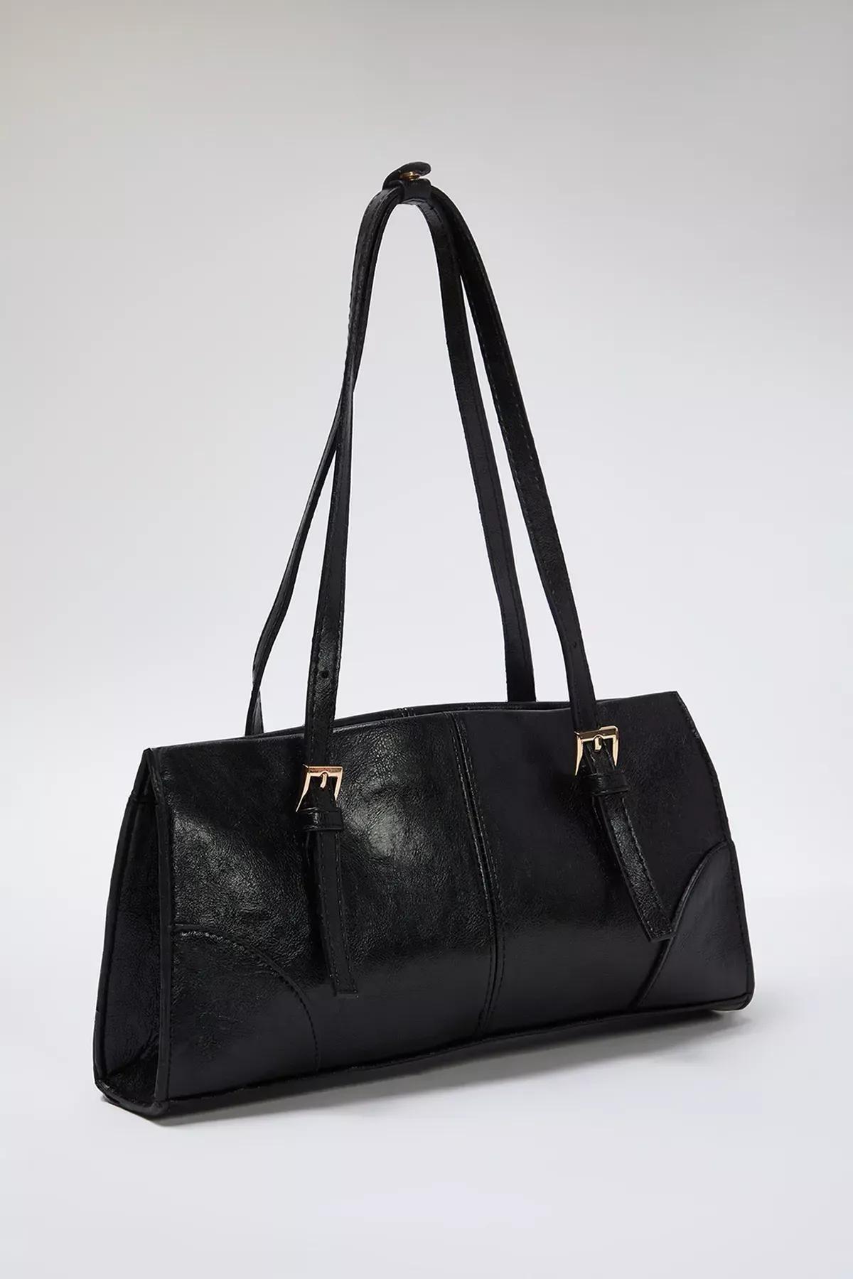 Black Snaped Closure Shoulder Bag, BLACK, large image number 4