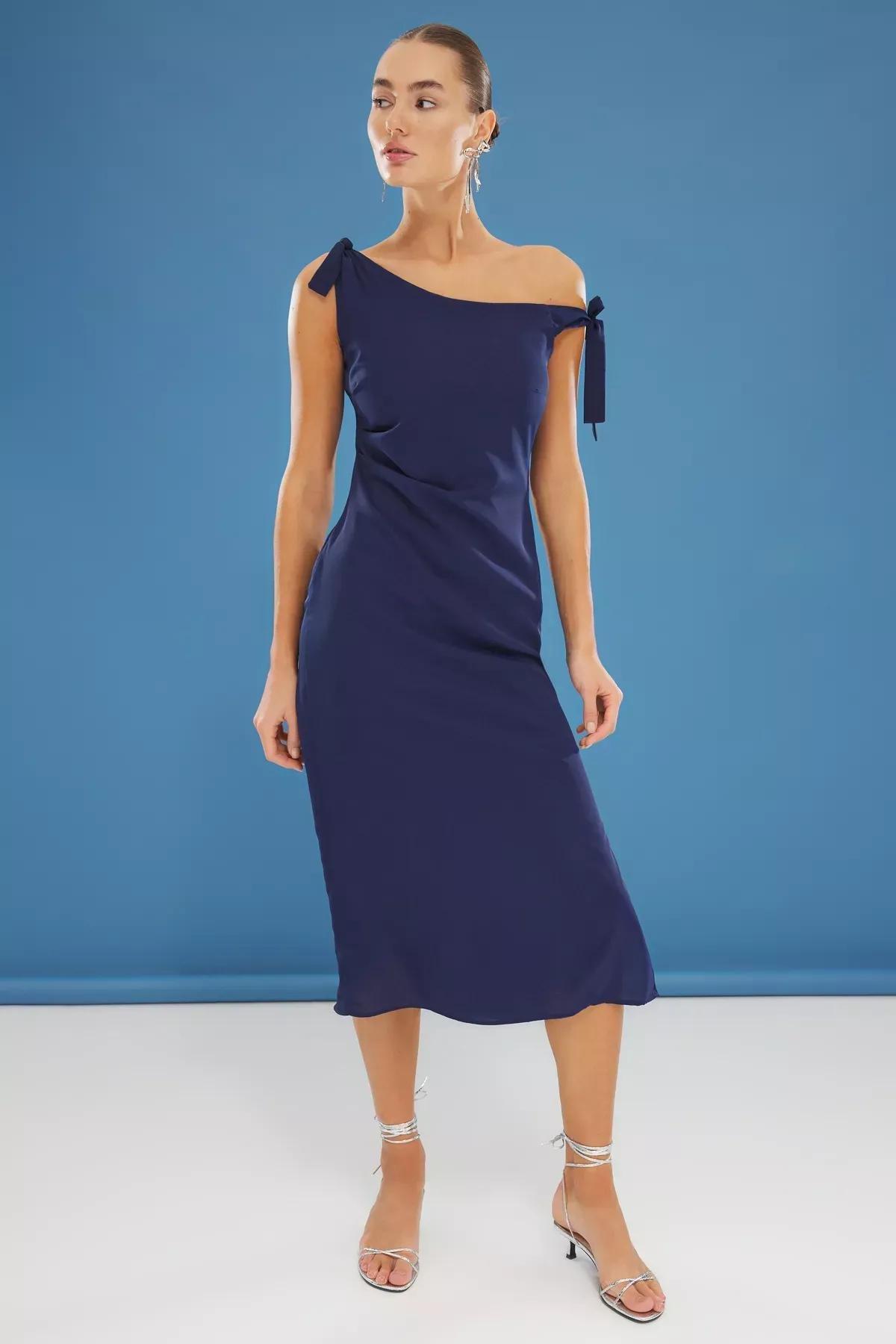 Navy A-Line Asymmetric Collar Midi Dress, Navy blue, large image number 0