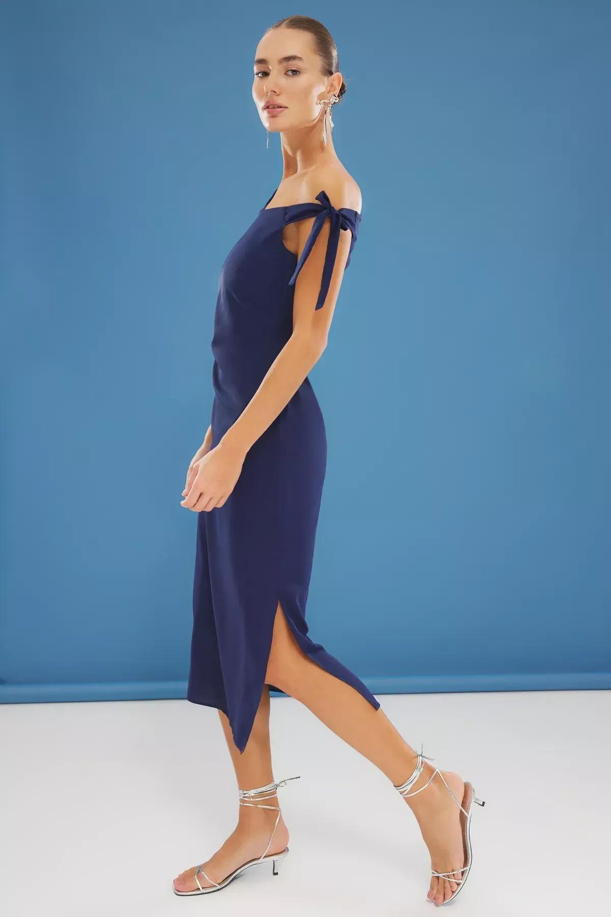 Navy A-Line Asymmetric Collar Midi Dress, Navy blue, large image number 1