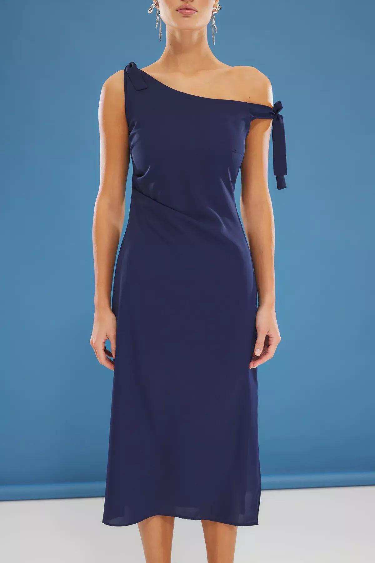 Navy A-Line Asymmetric Collar Midi Dress, Navy blue, large image number 2