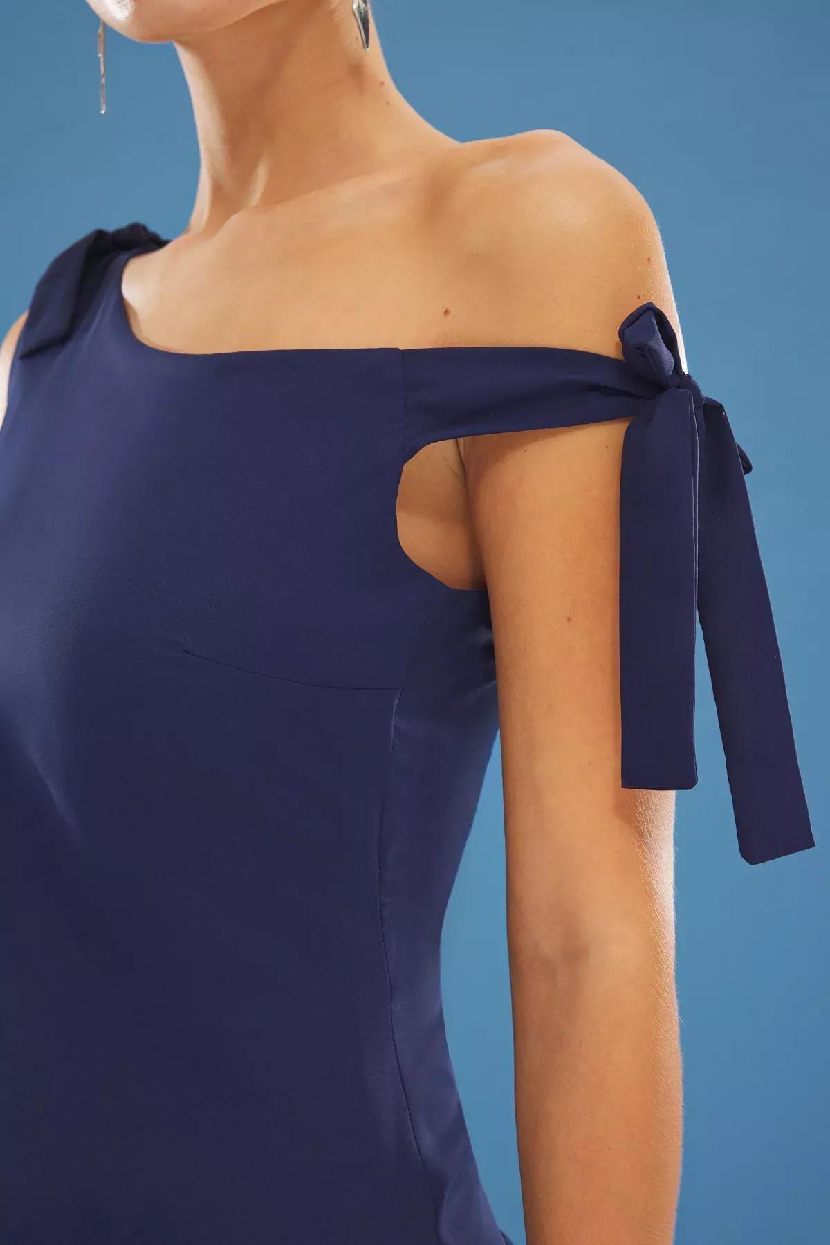 Navy A-Line Asymmetric Collar Midi Dress, Navy blue, large image number 3