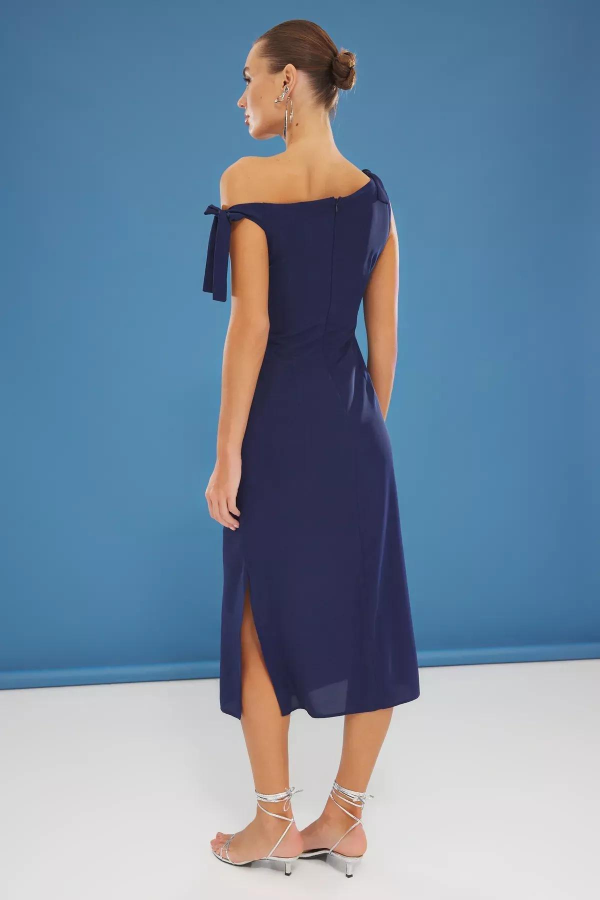 Navy A-Line Asymmetric Collar Midi Dress, Navy blue, large image number 4