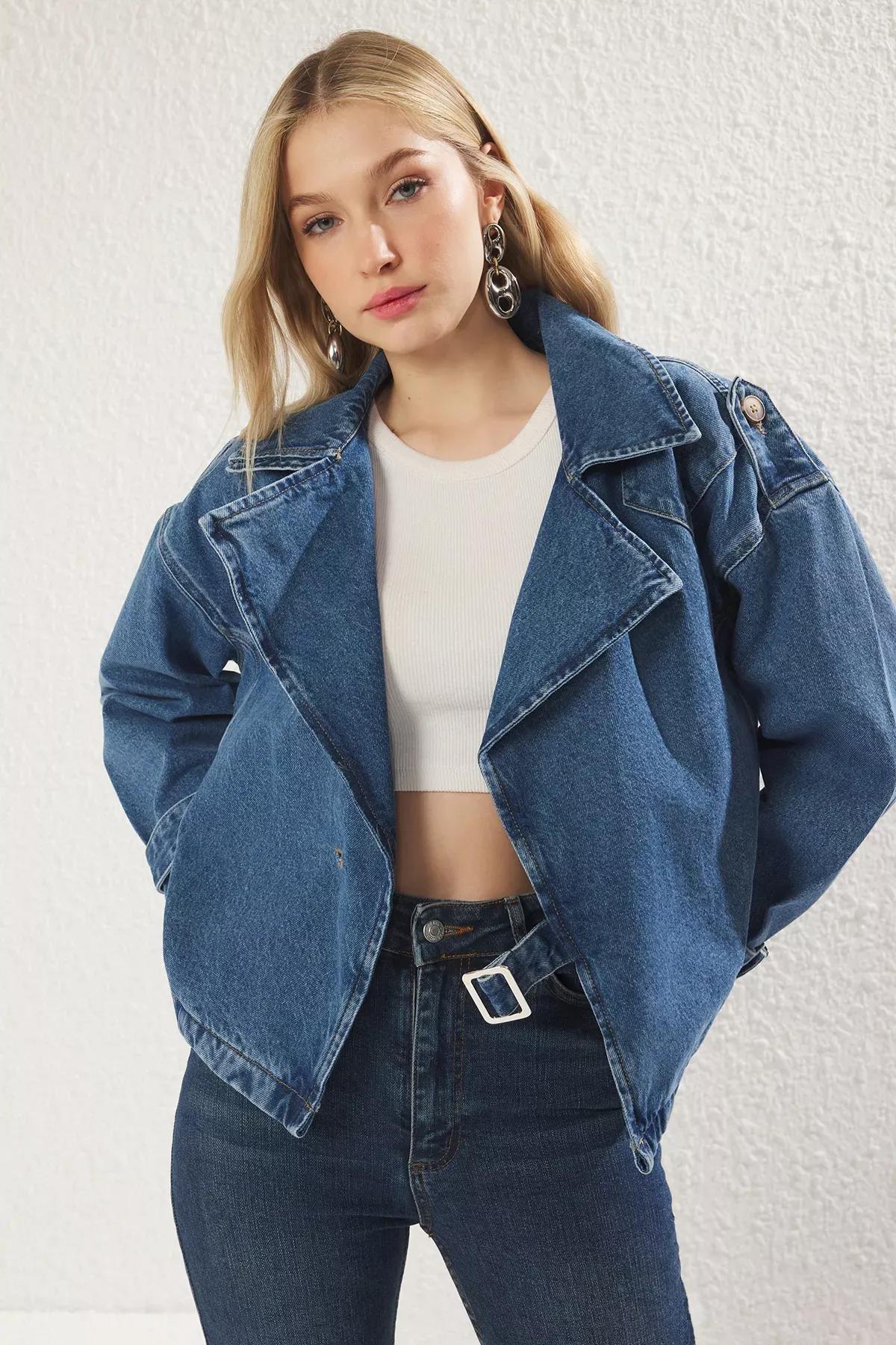 Blue  Belted Denim Blazer, Blue, large image number 0