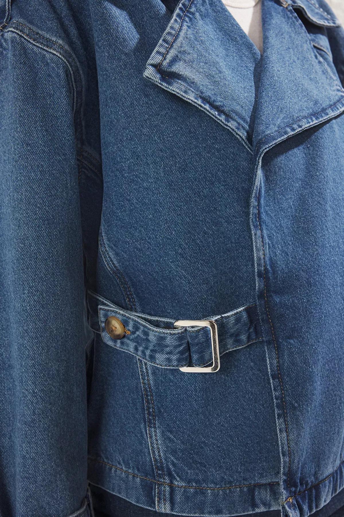 Blue  Belted Denim Blazer, Blue, large image number 3