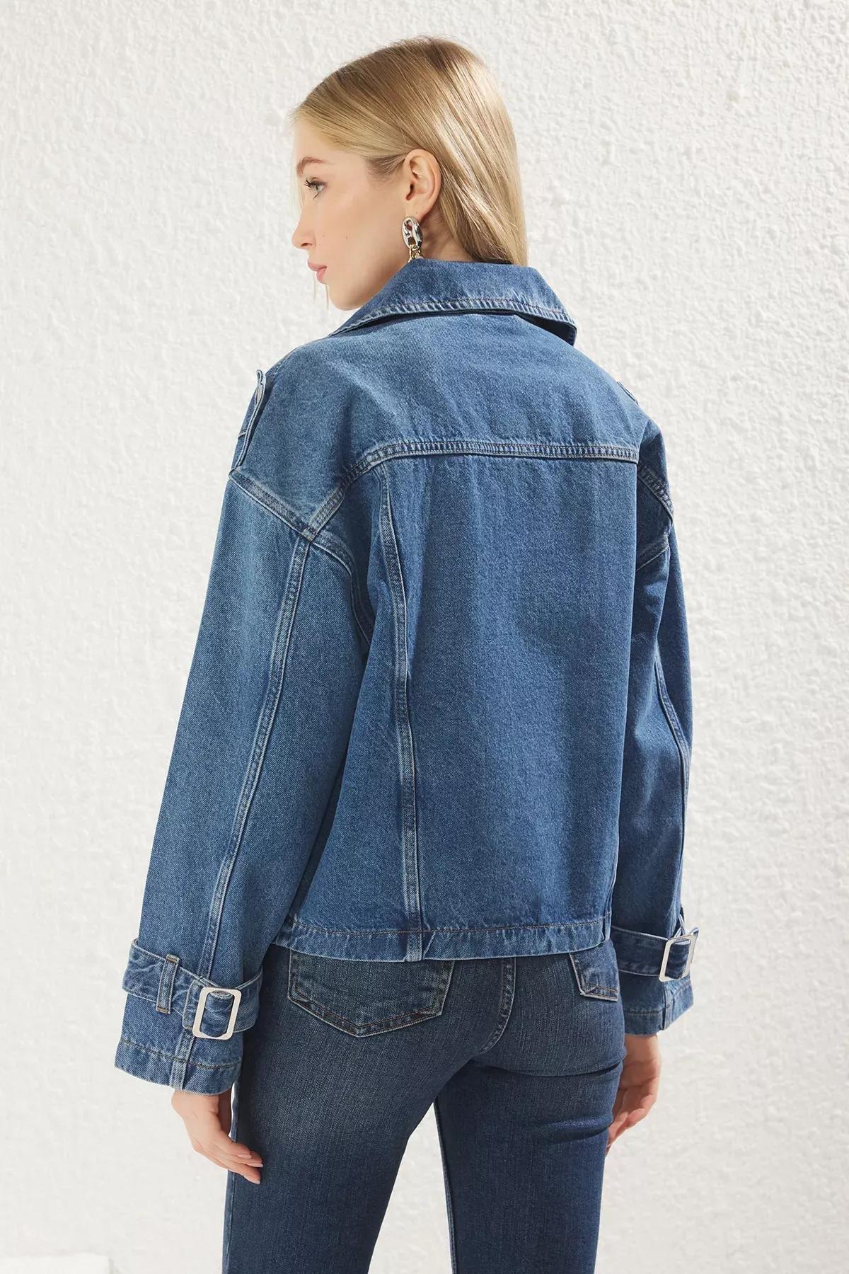 Blue  Belted Denim Blazer, Blue, large image number 4