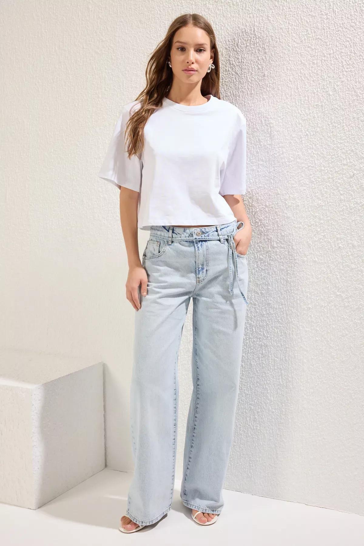 Blue Tie Waist Wide Jeans, , large image number 0