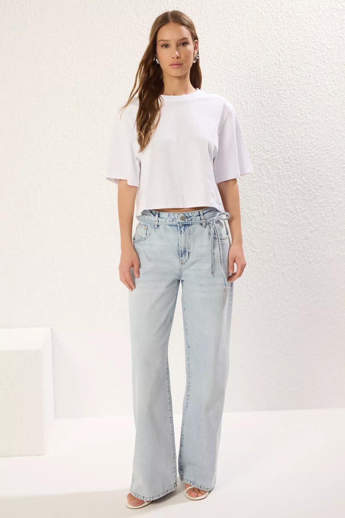 Blue Tie Waist Wide Jeans, , large image number 1
