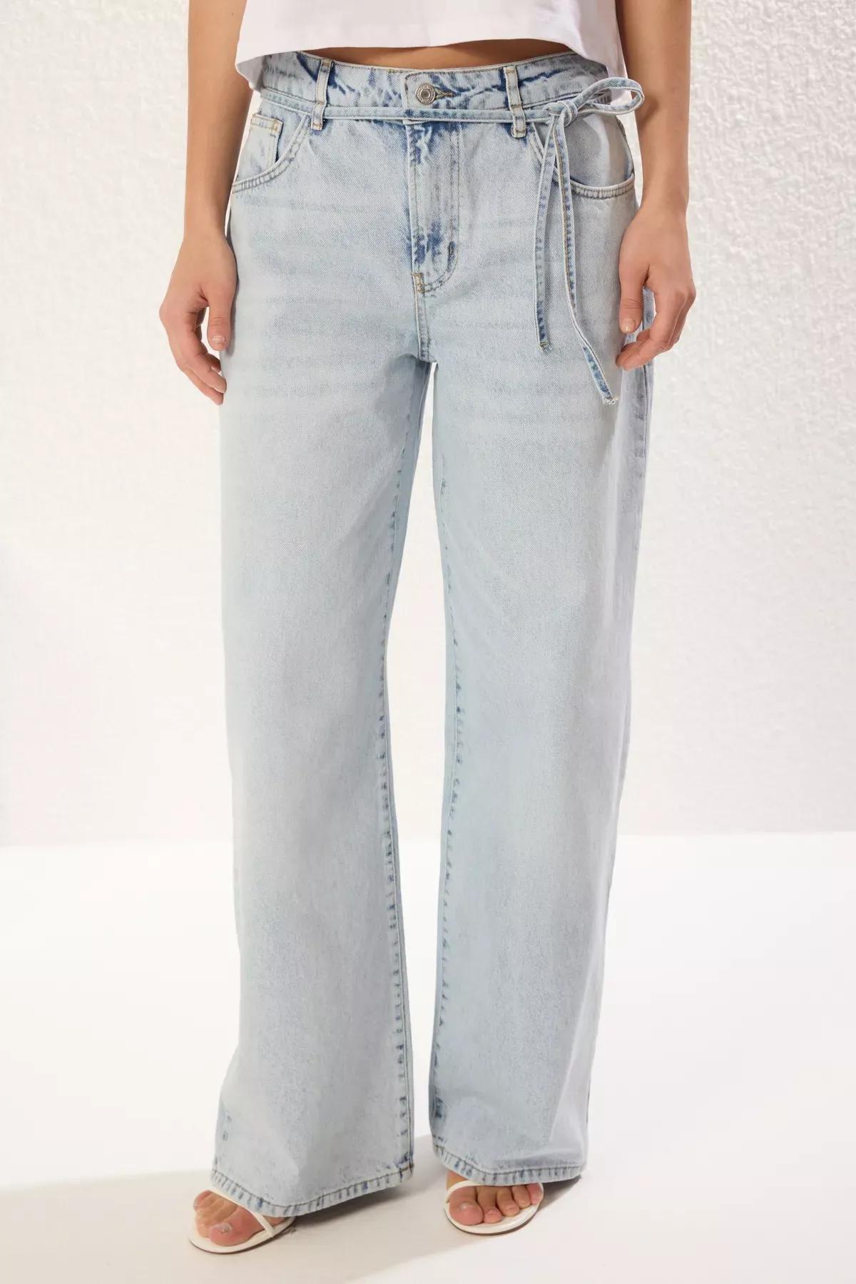 Blue Tie Waist Wide Jeans, , large image number 2