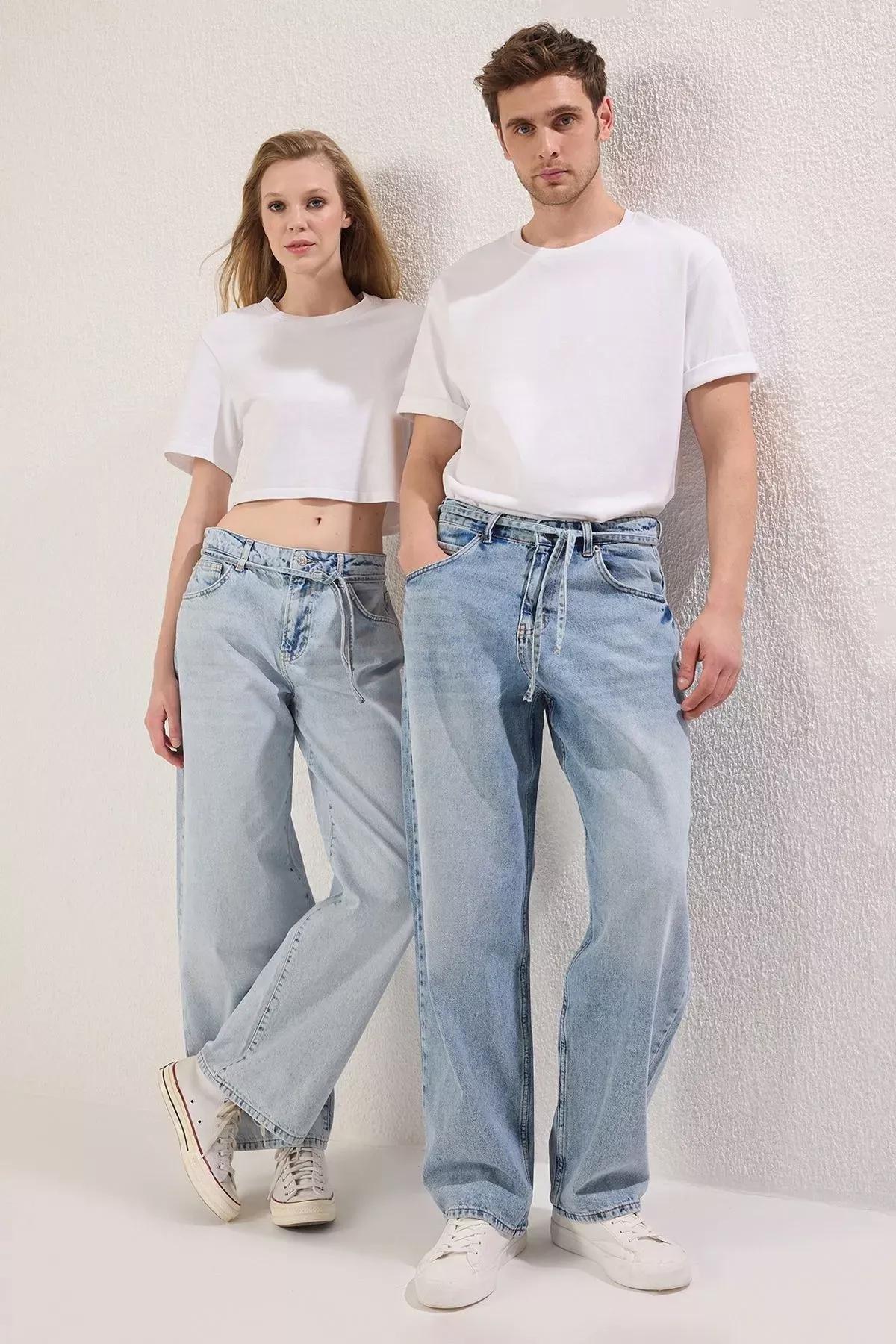 Blue Tie Waist Wide Jeans, , large image number 3