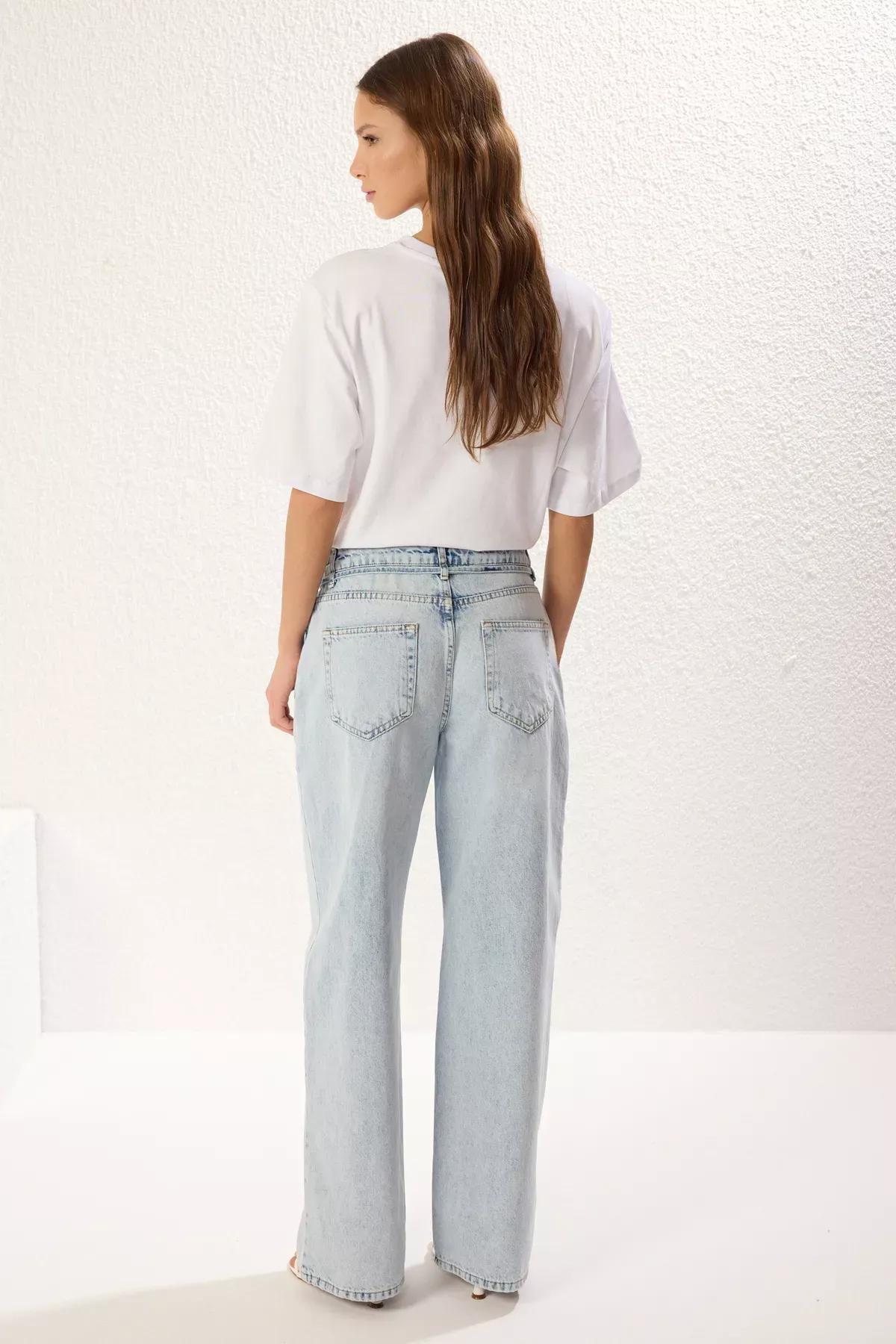 Blue Tie Waist Wide Jeans, , large image number 4