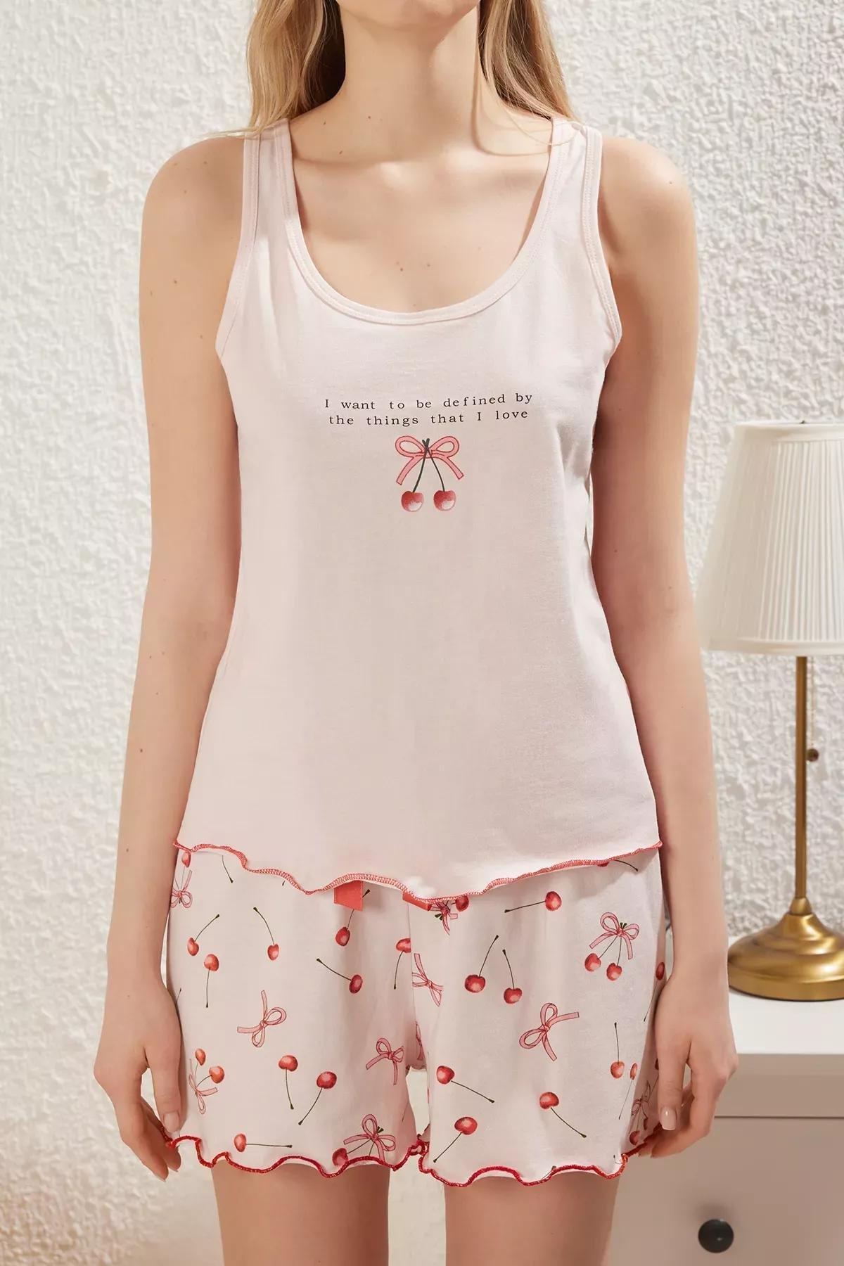 Pink Cherry Patterned Ribbon Bow Shorts Pajama Set, , large image number 2