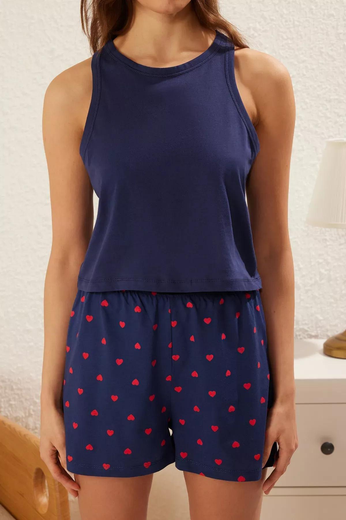 Navy Elastic Waist Detailed Knitted Pyjamas Set, , large image number 2