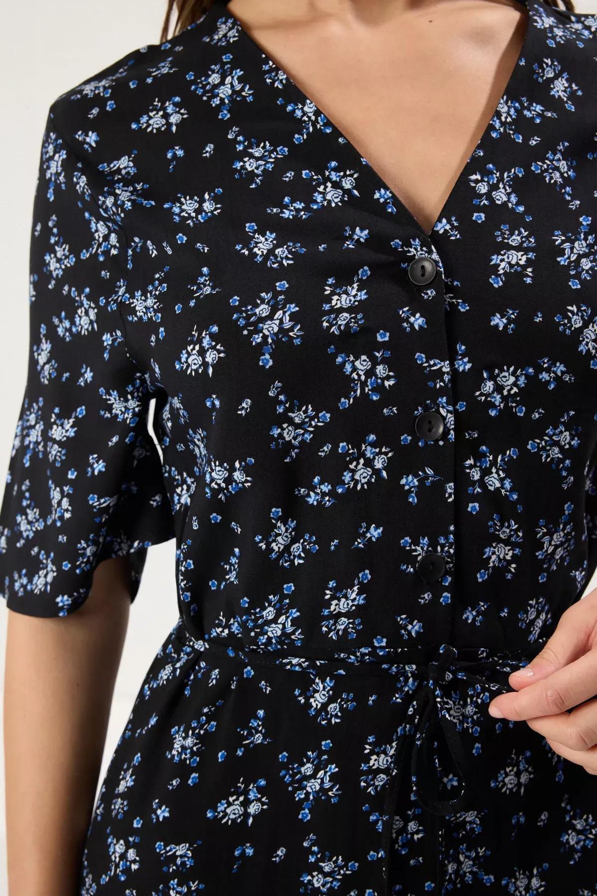 Black Floral A-Line Buttoned Midi Dress, , large image number 3