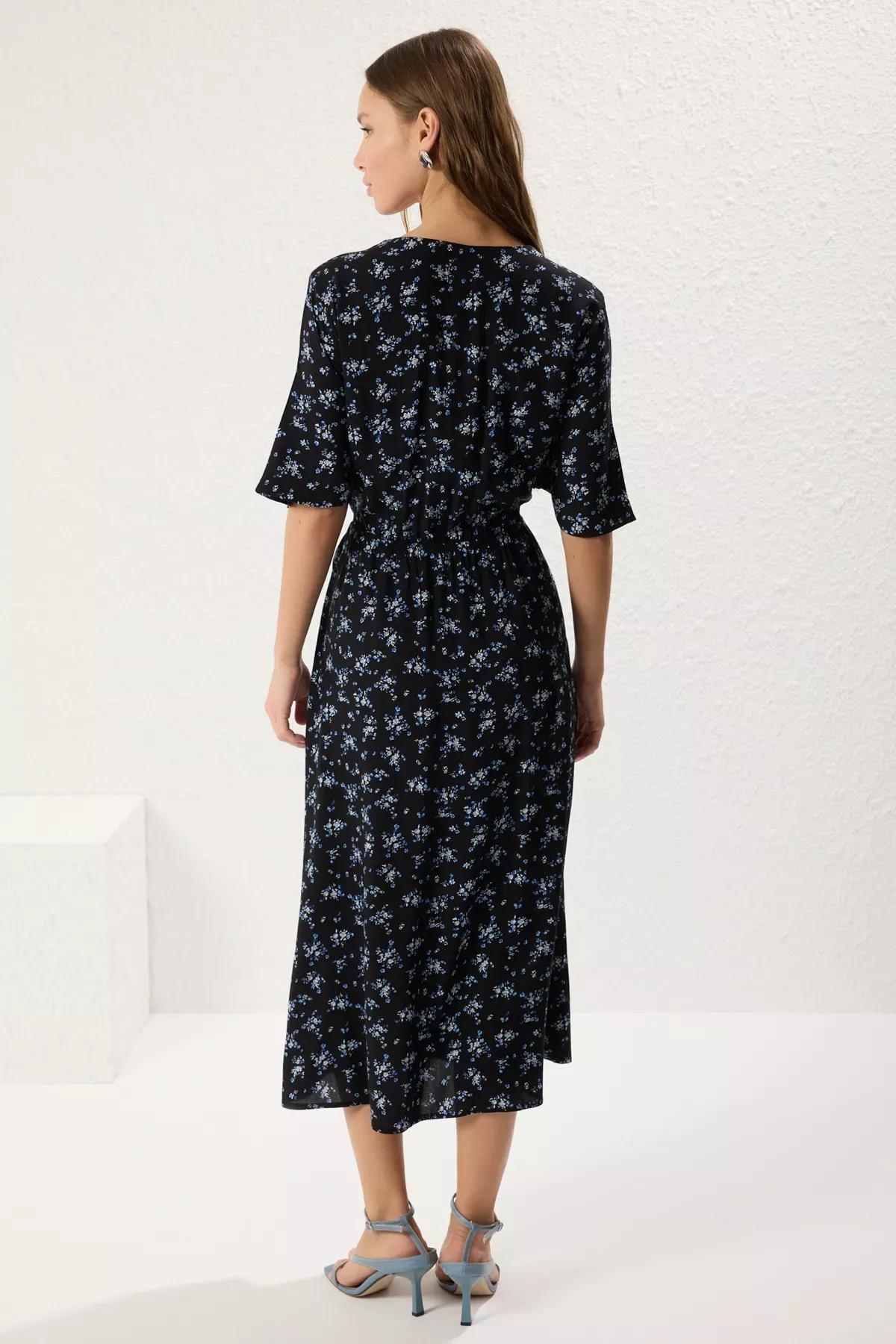 Black Floral A-Line Buttoned Midi Dress, , large image number 4
