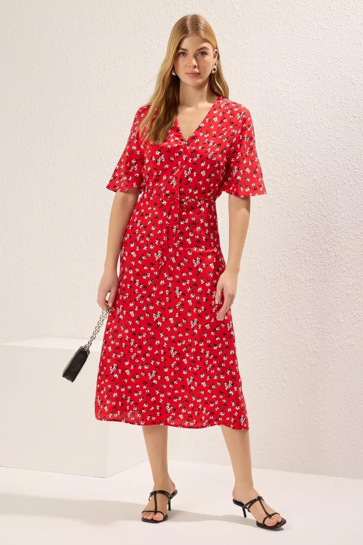 Red Belted Floral A-Line Midi Dress, , large image number 0