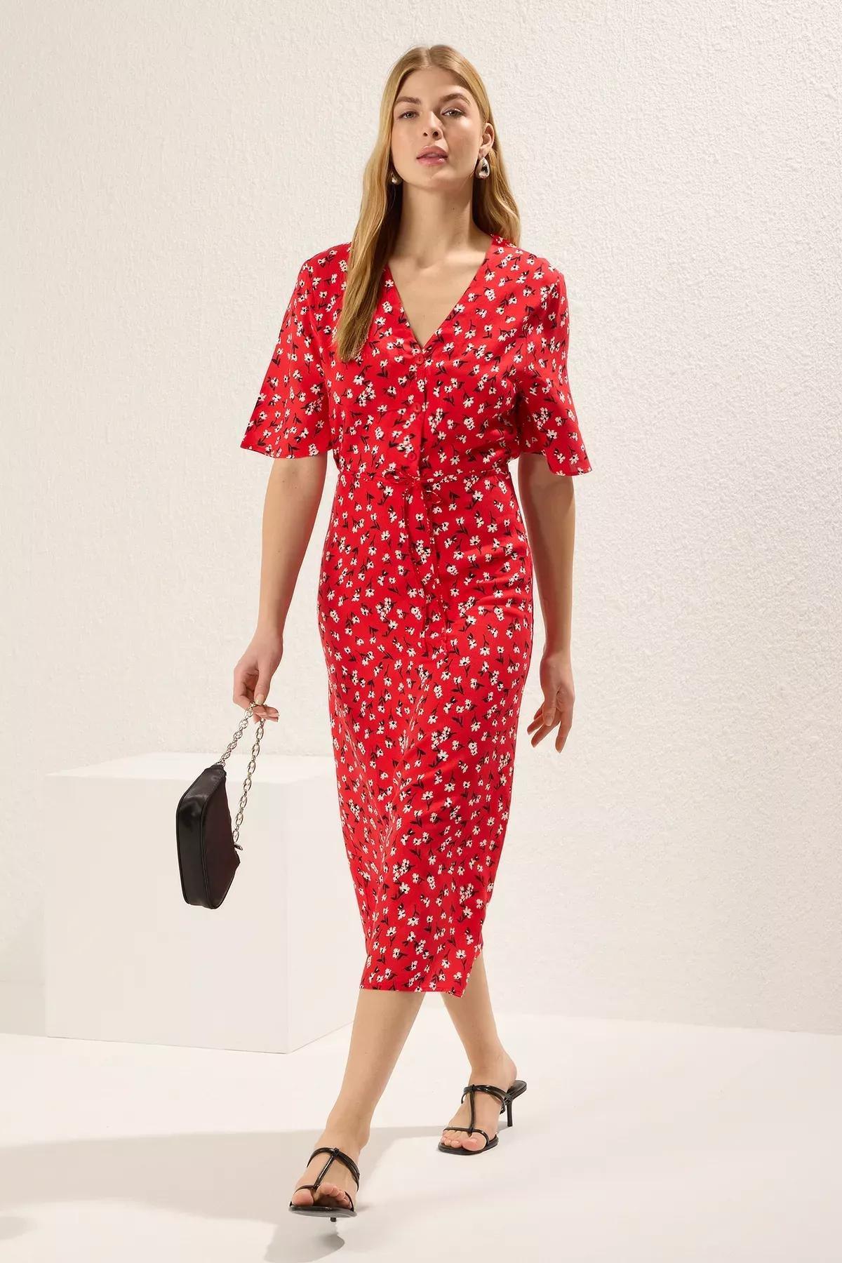 Red Belted Floral A-Line Midi Dress, , large image number 1