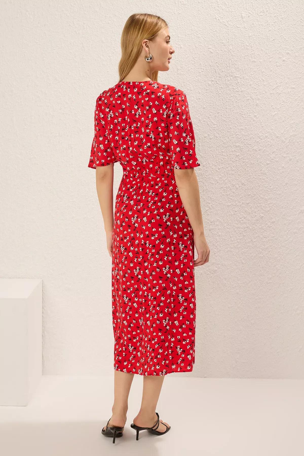 Red Belted Floral A-Line Midi Dress, , large image number 3