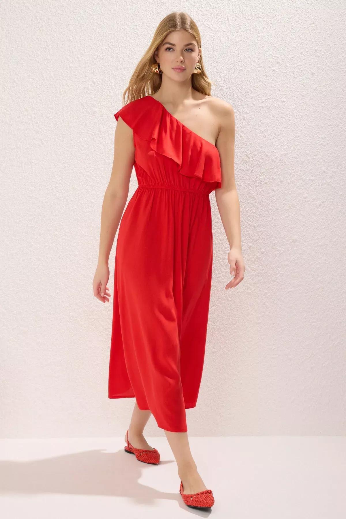 Red Asymmetrical Collar Midi Dress, Red, large image number 0