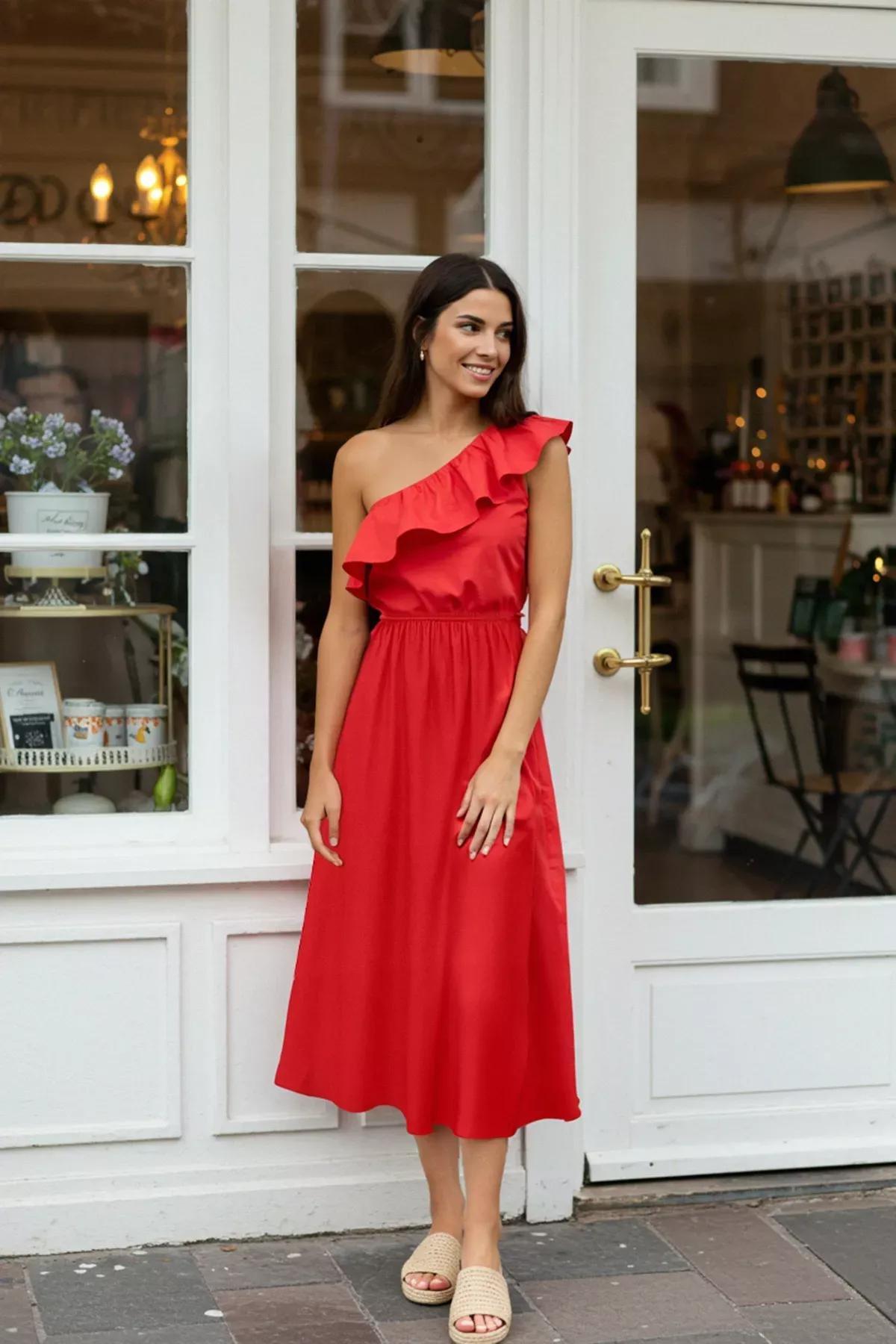 Red Asymmetrical Collar Midi Dress, Red, large image number 1