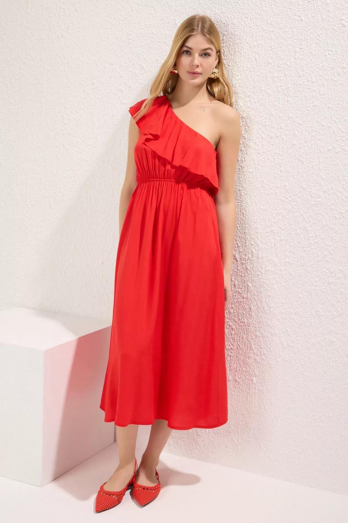 Red Asymmetrical Collar Midi Dress, Red, large image number 2