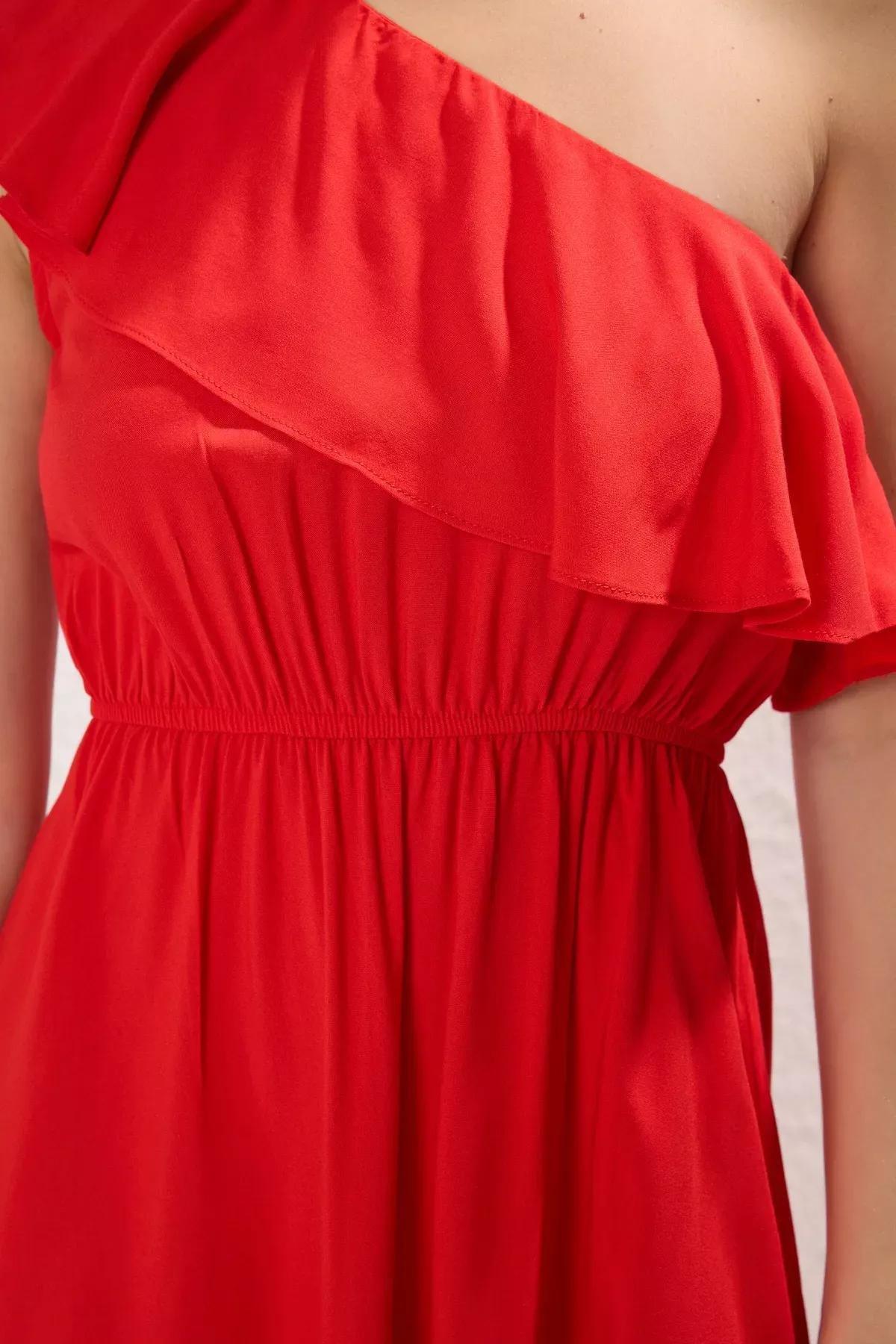 Red Asymmetrical Collar Midi Dress, Red, large image number 3