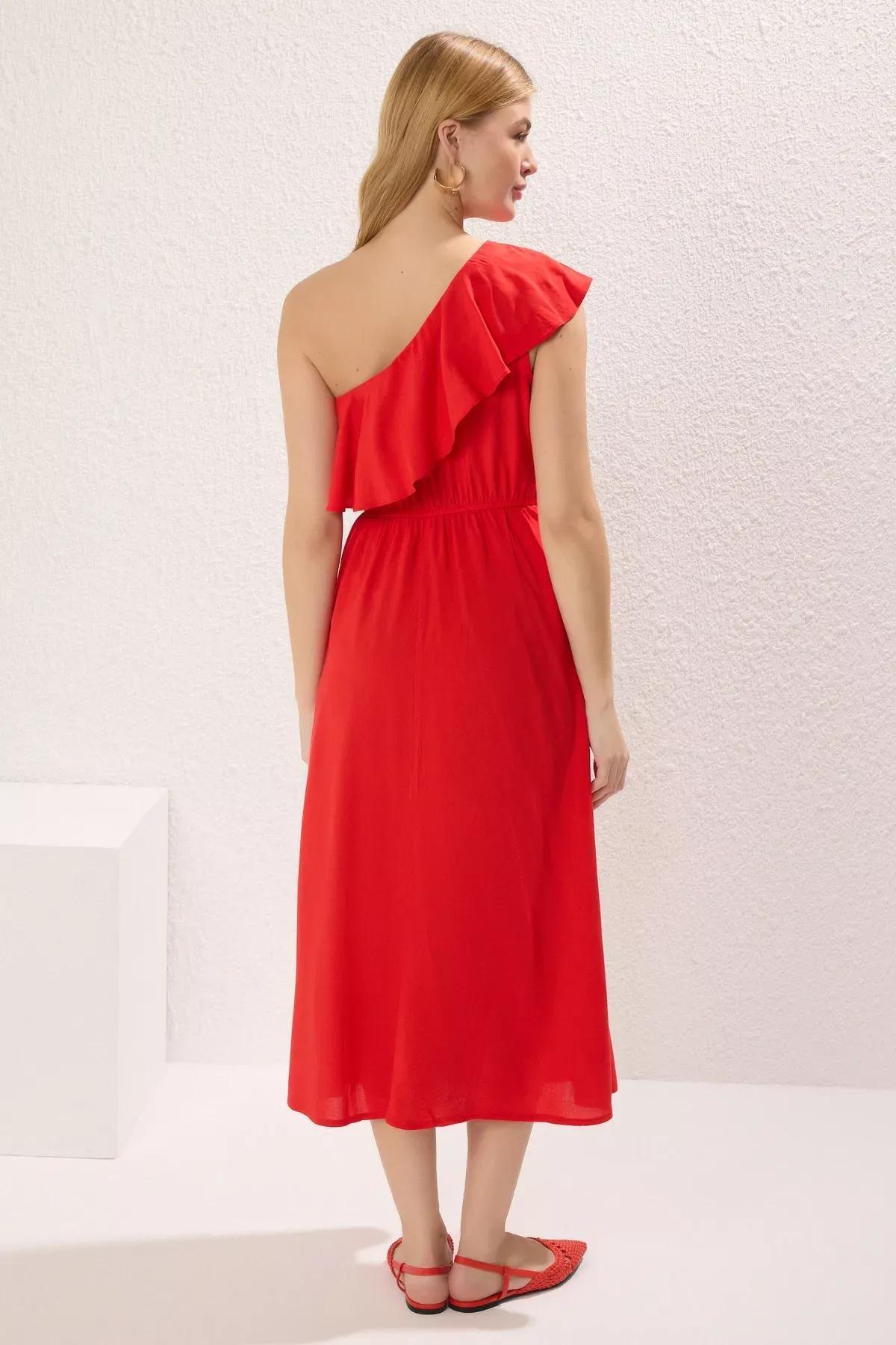 Red Asymmetrical Collar Midi Dress, Red, large image number 4