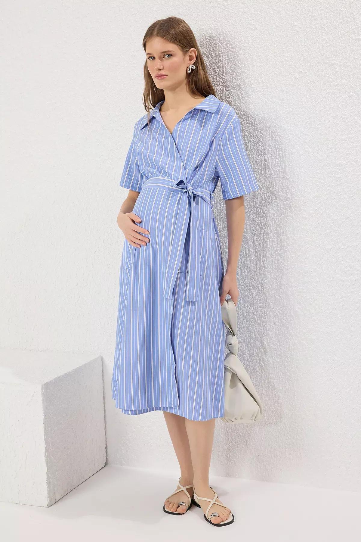 Blue Striped Maternity Shirt Dress, C101_7382, large image number 0