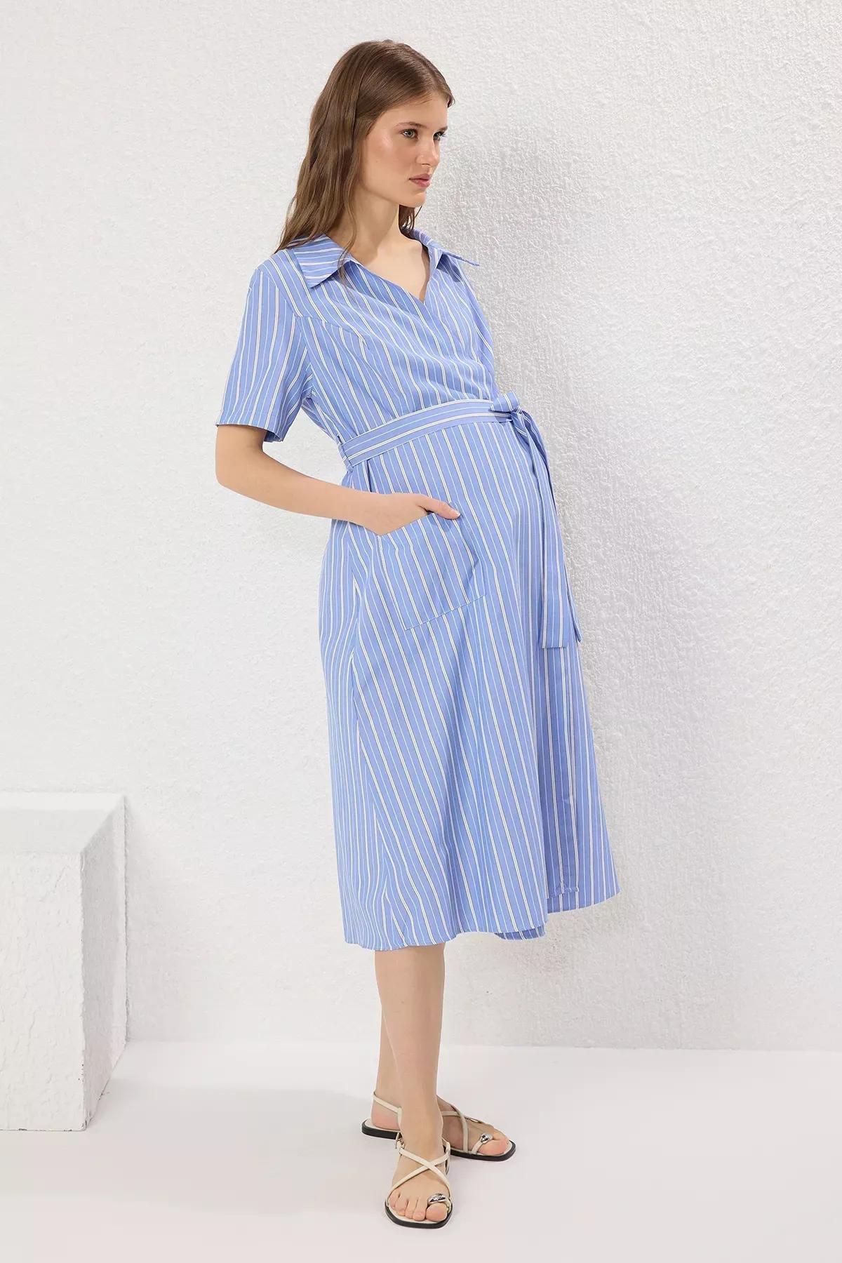 Blue Striped Maternity Shirt Dress, C101_7382, large image number 1
