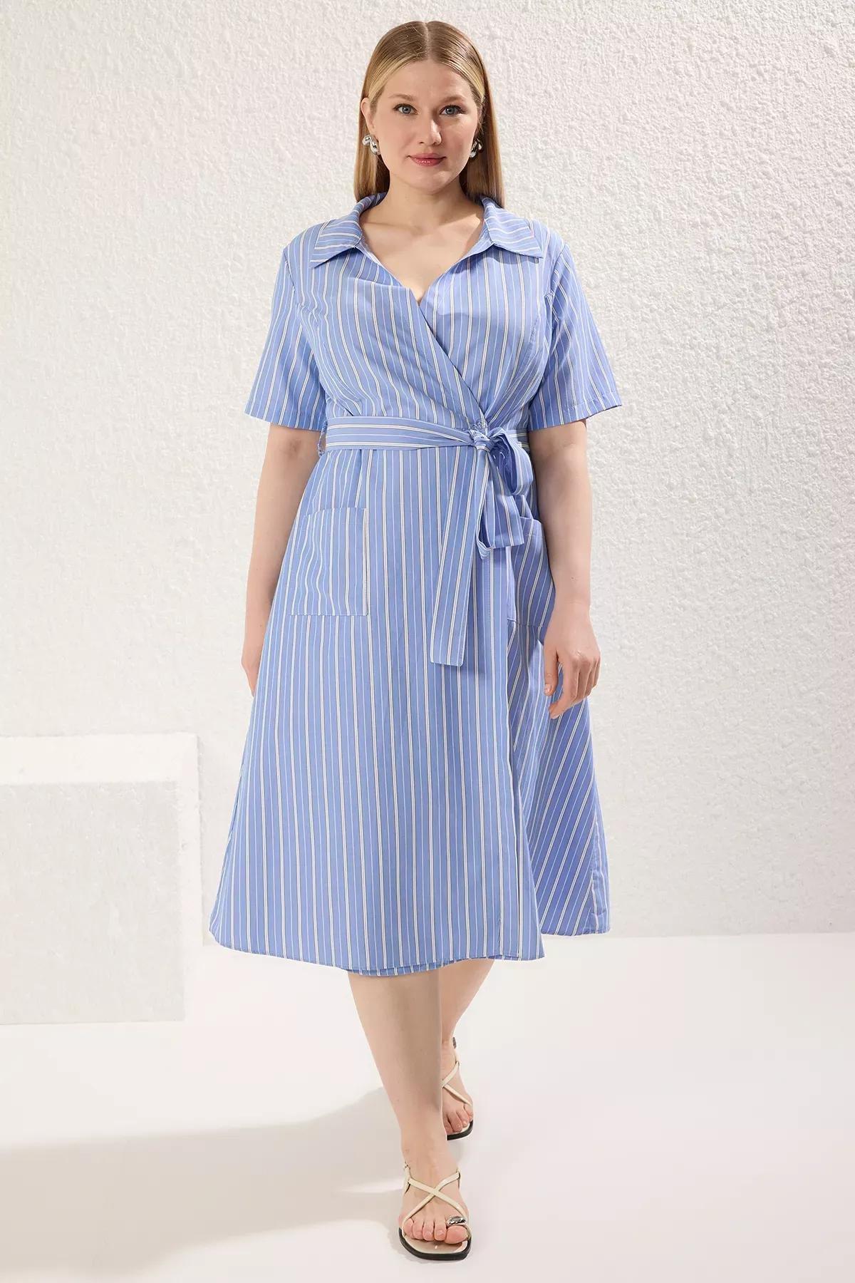 Blue Striped Maternity Shirt Dress, C101_7382, large image number 4