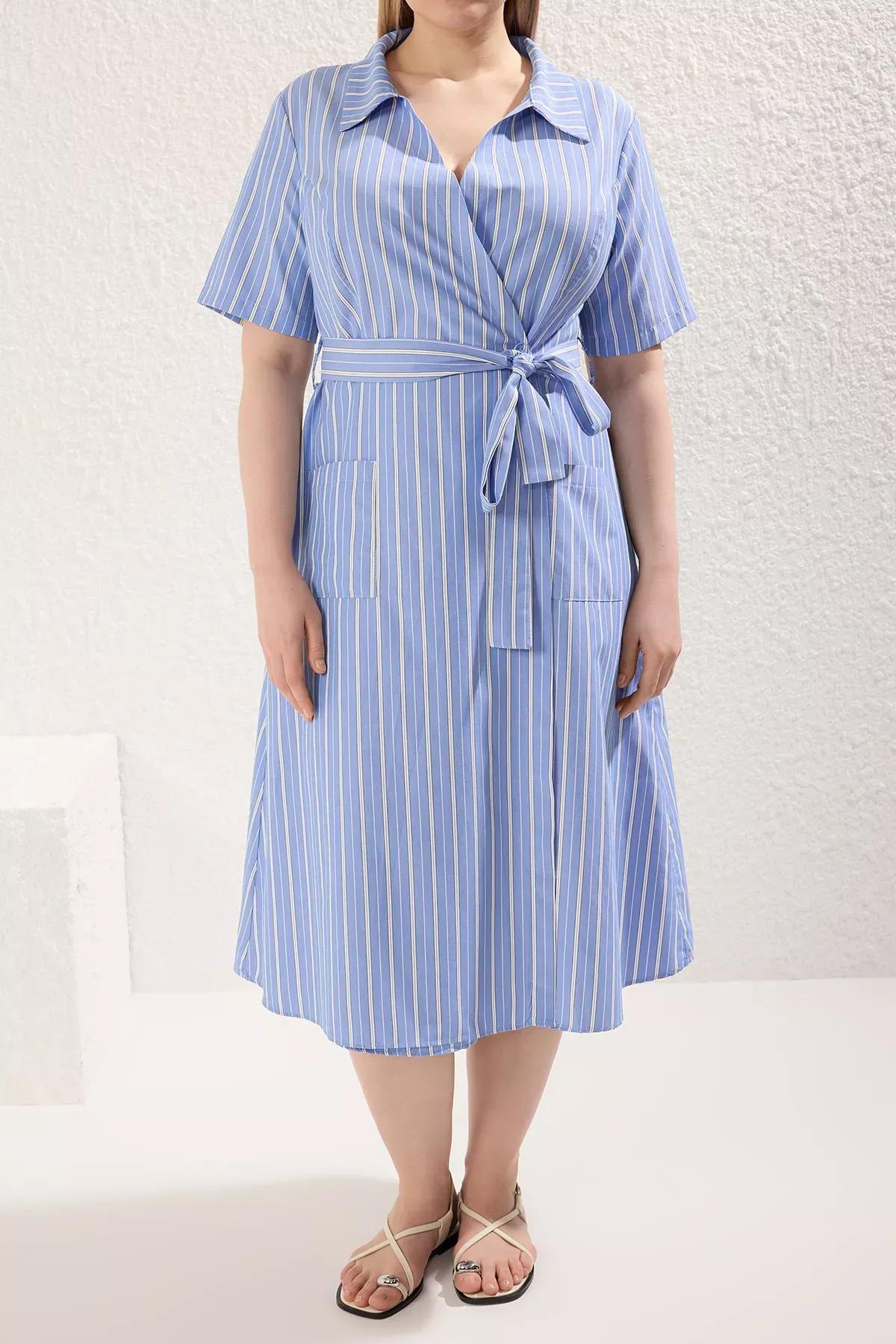Blue Striped Maternity Shirt Dress, C101_7382, large image number 5