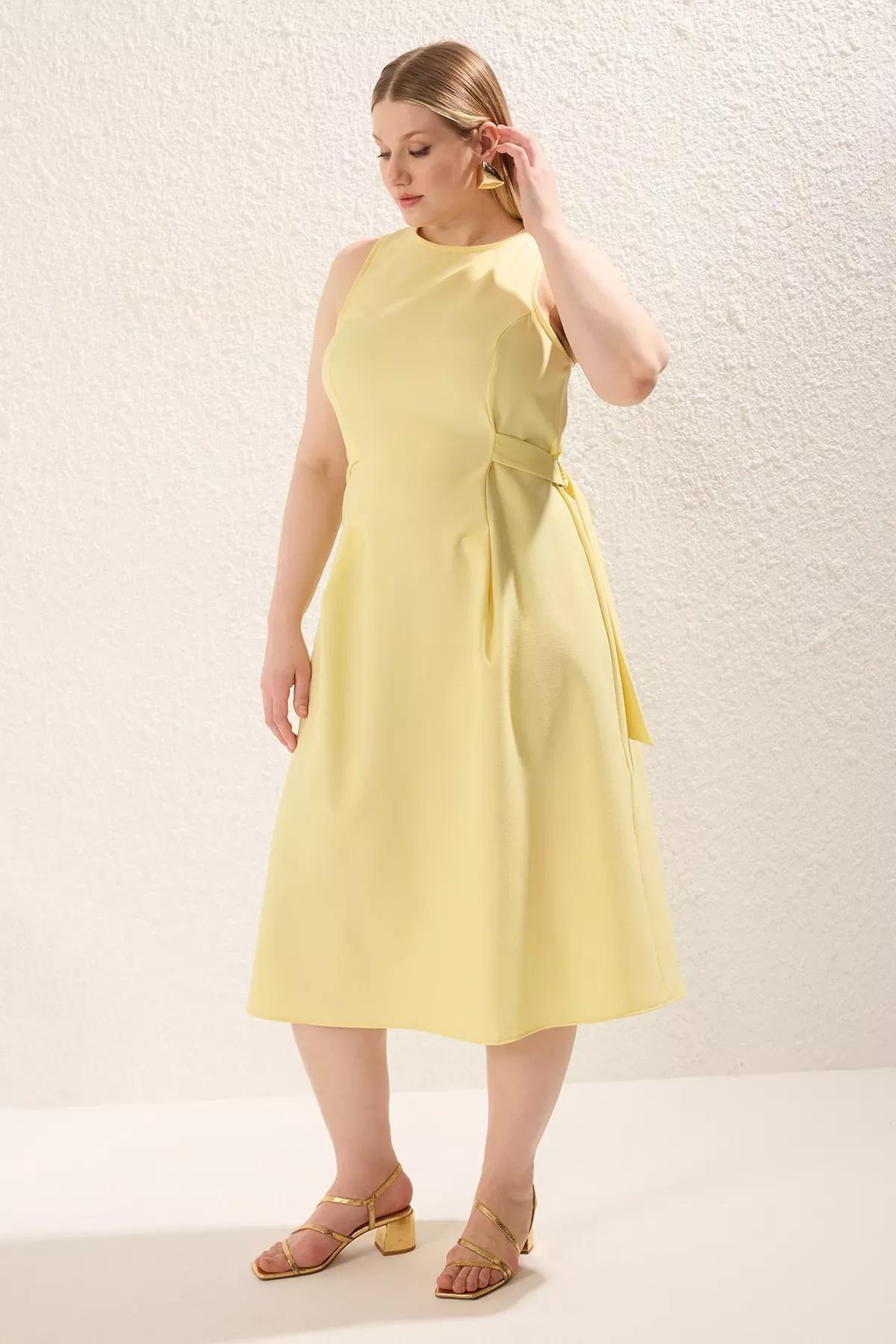 Yellow Waist Midi Dress, LIGHT YELLOW, large image number 0