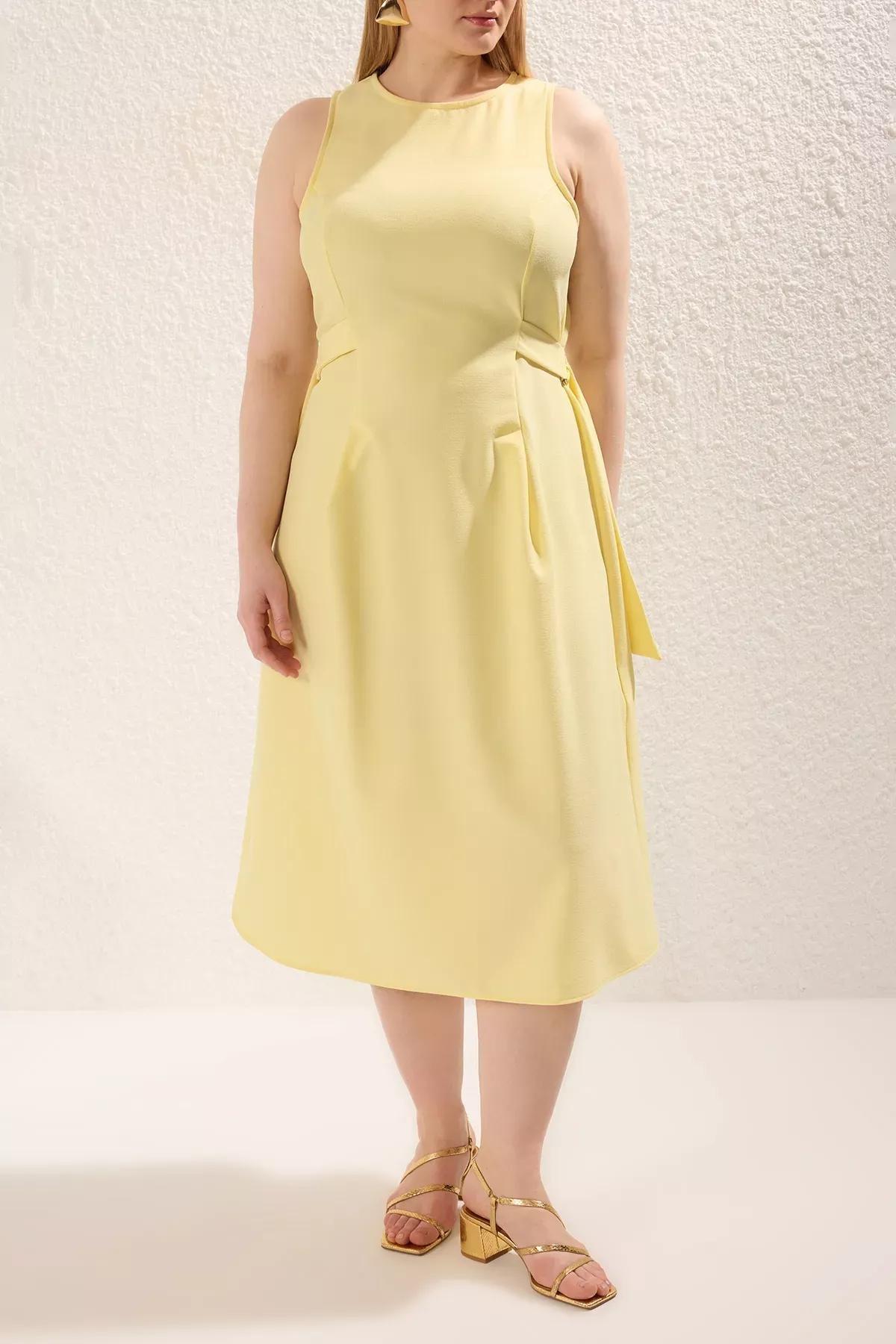 Yellow Waist Midi Dress, LIGHT YELLOW, large image number 2