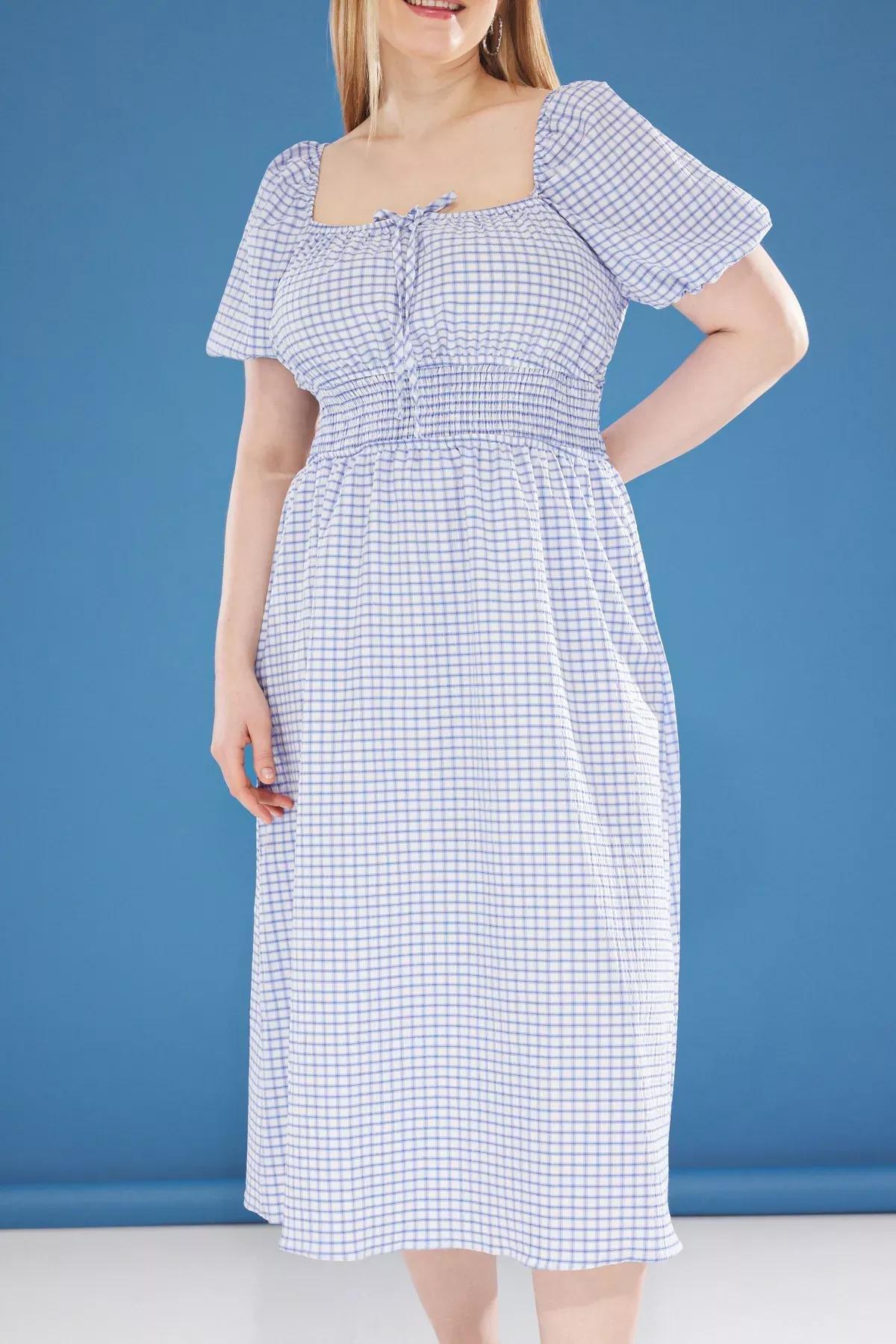 Blue Square Neck Balloon Sleeve Midi Plus-Size Dress, White-Blue, large image number 3