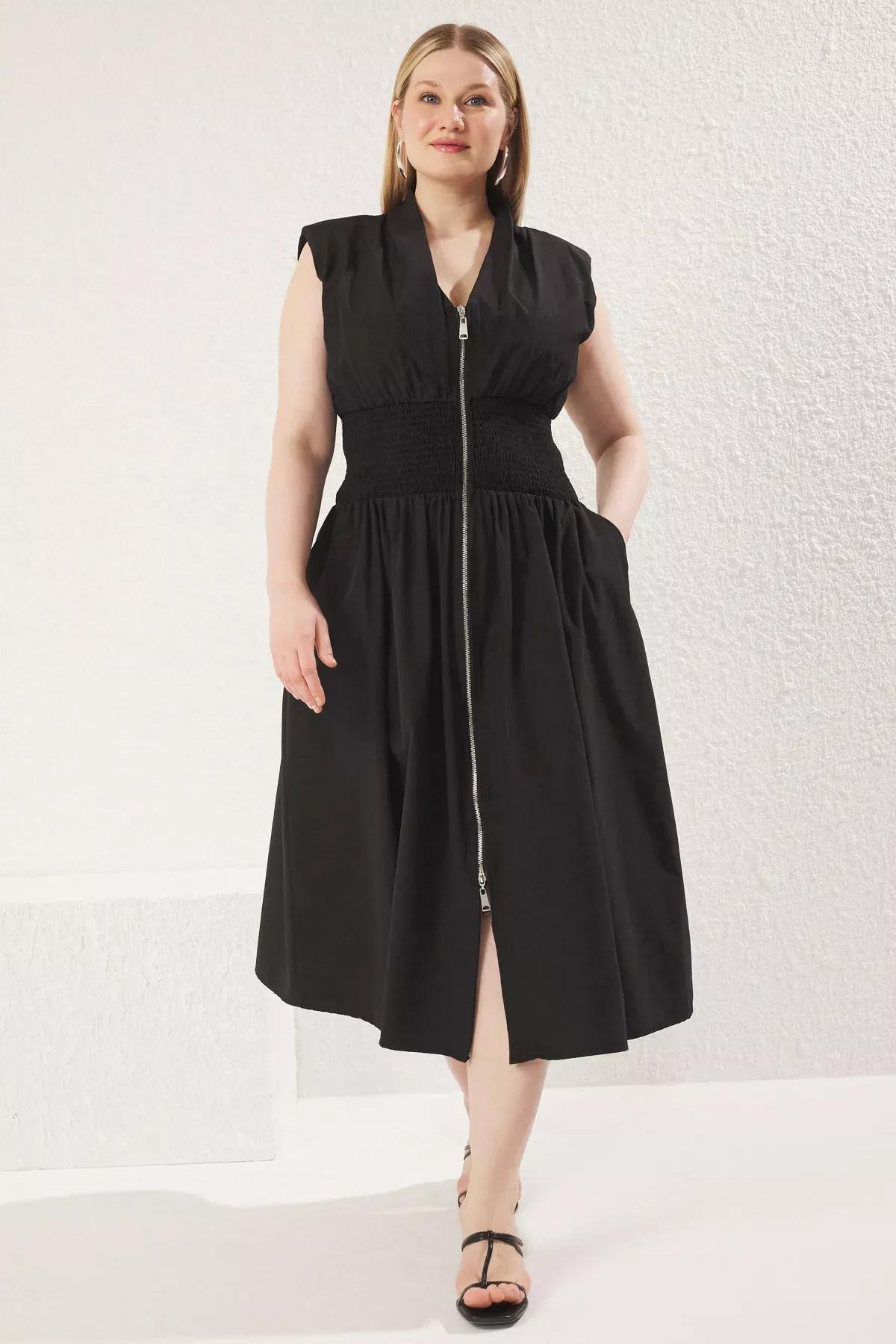 Black Sleeveless Zippered Plus-Size Dress, BLACK, large image number 0