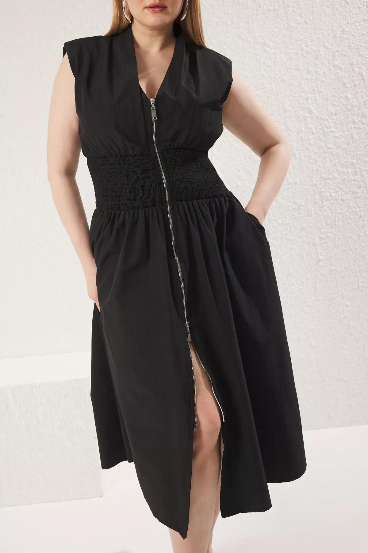 Black Sleeveless Zippered Plus-Size Dress, BLACK, large image number 2