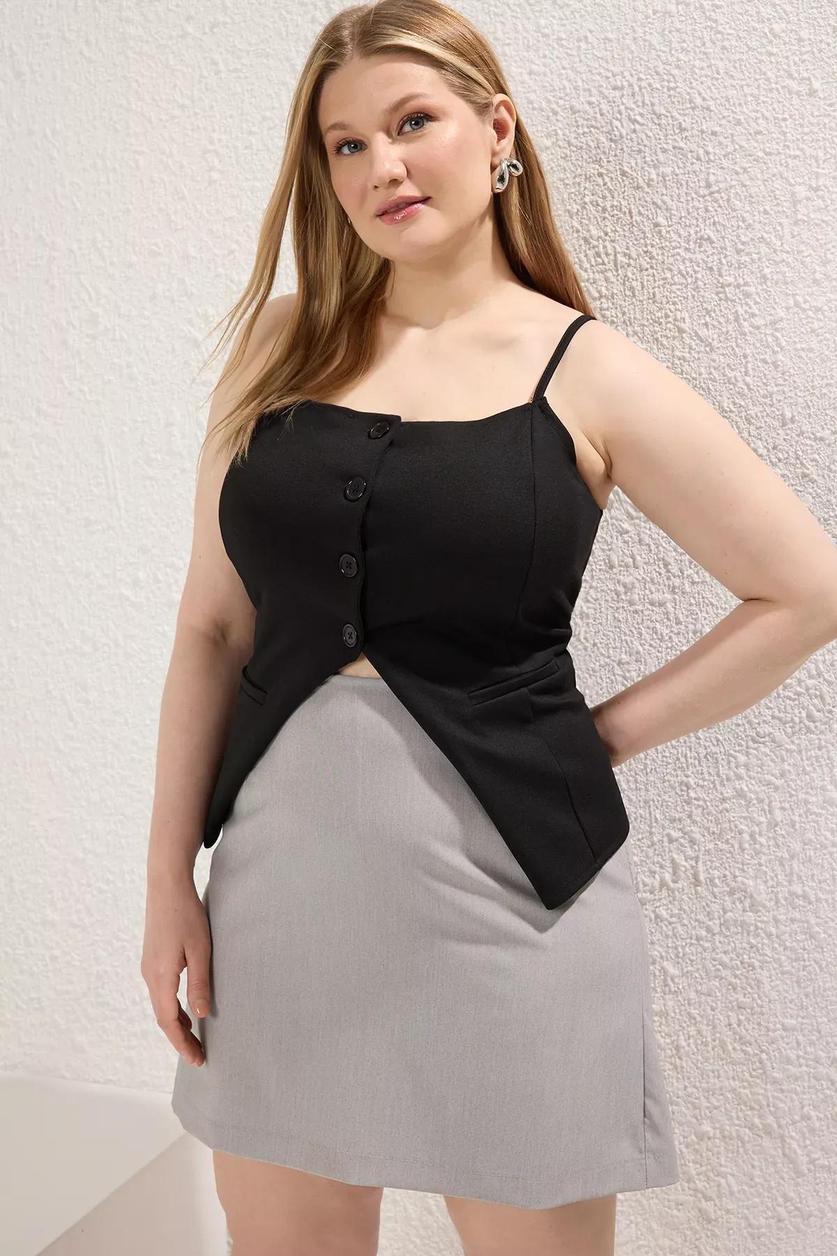 Grey Mini Woven Plus-Size Skirt, Grey, large image number 1