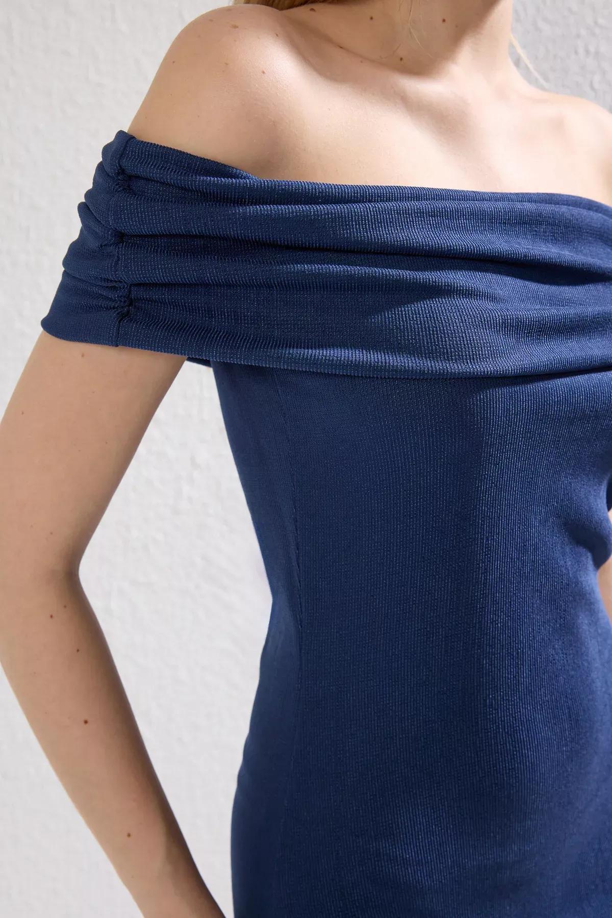 Blue Collared Knitted Dress, Indigo, large image number 2