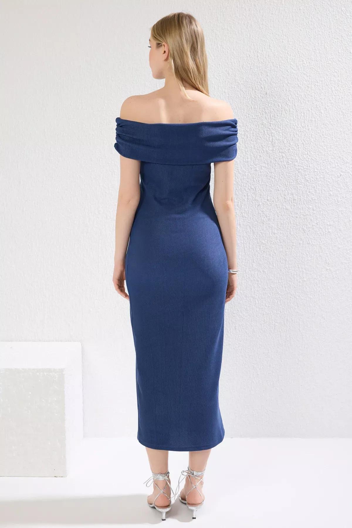 Blue Collared Knitted Dress, Indigo, large image number 3