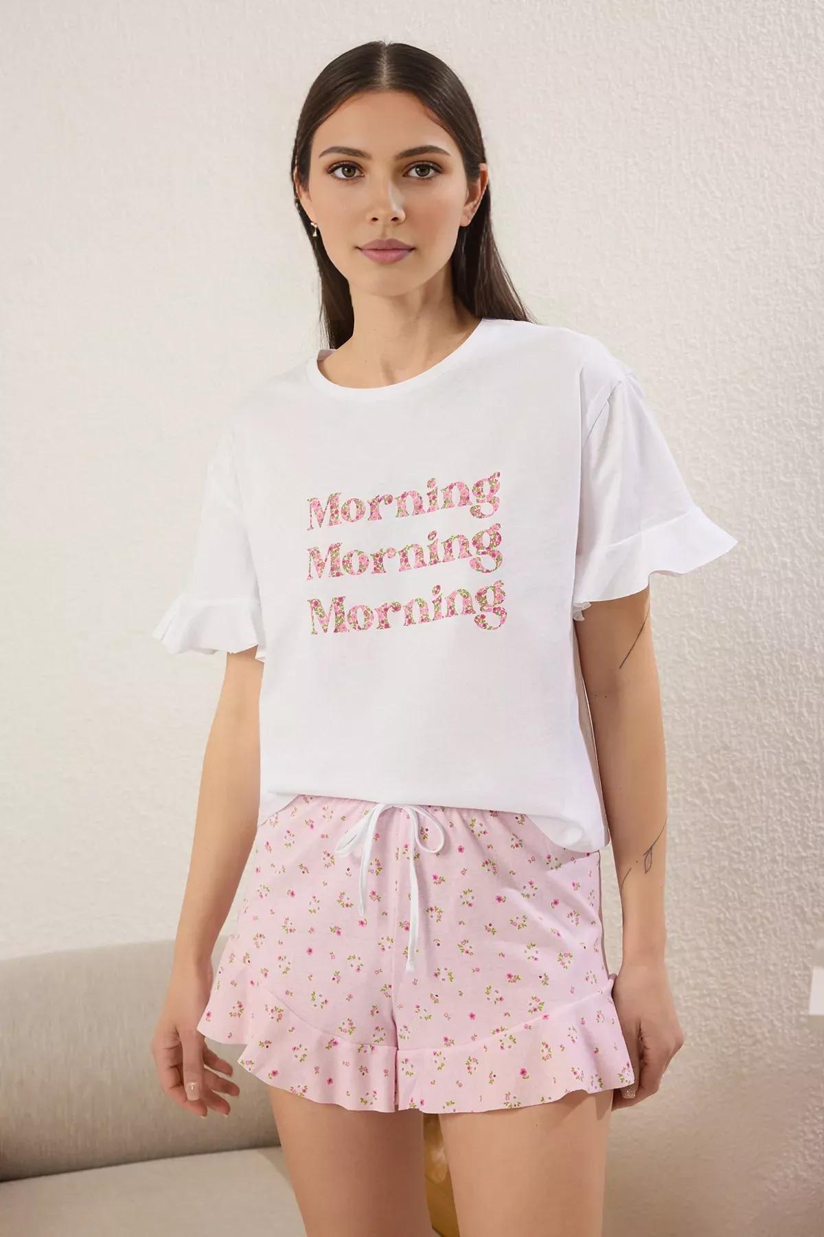 Pink Floral Slogan Shorts Pajama Set, , large image number 0