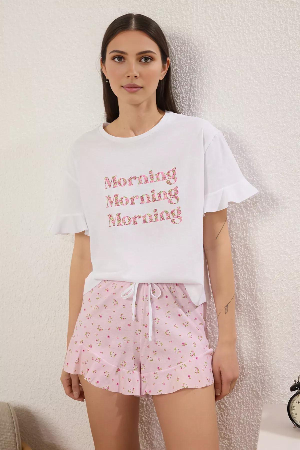Pink Floral Slogan Shorts Pajama Set, , large image number 1