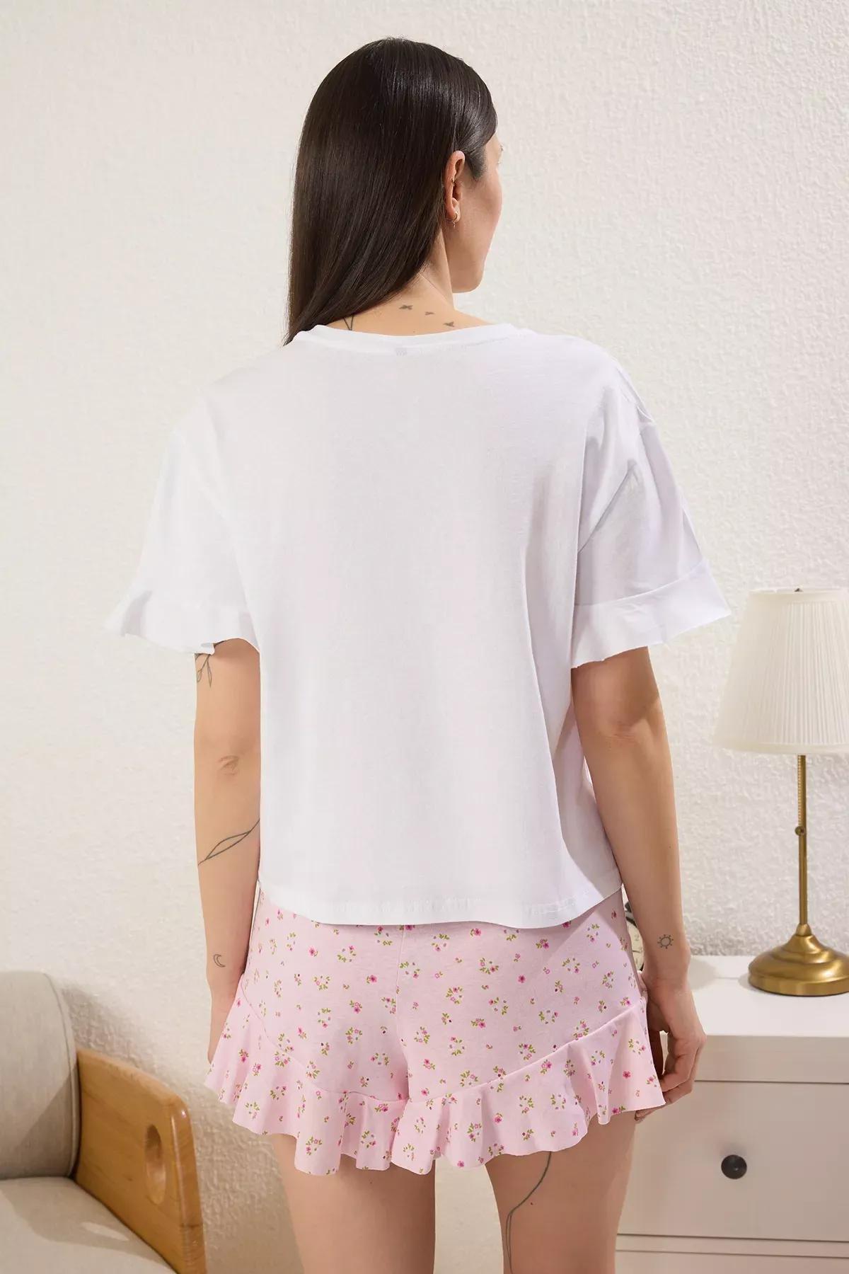 Pink Floral Slogan Shorts Pajama Set, , large image number 3