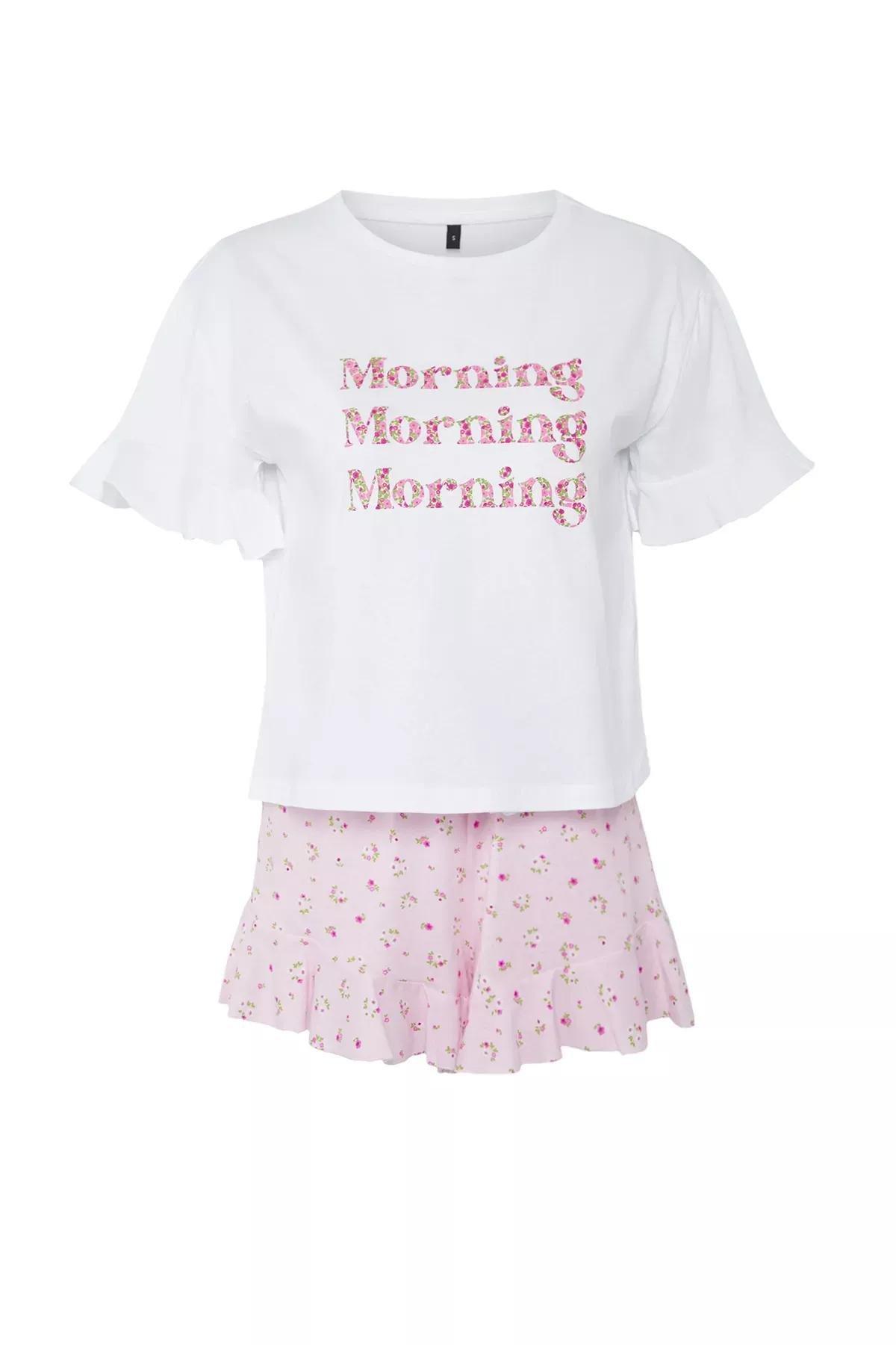 Pink Floral Slogan Shorts Pajama Set, , large image number 4
