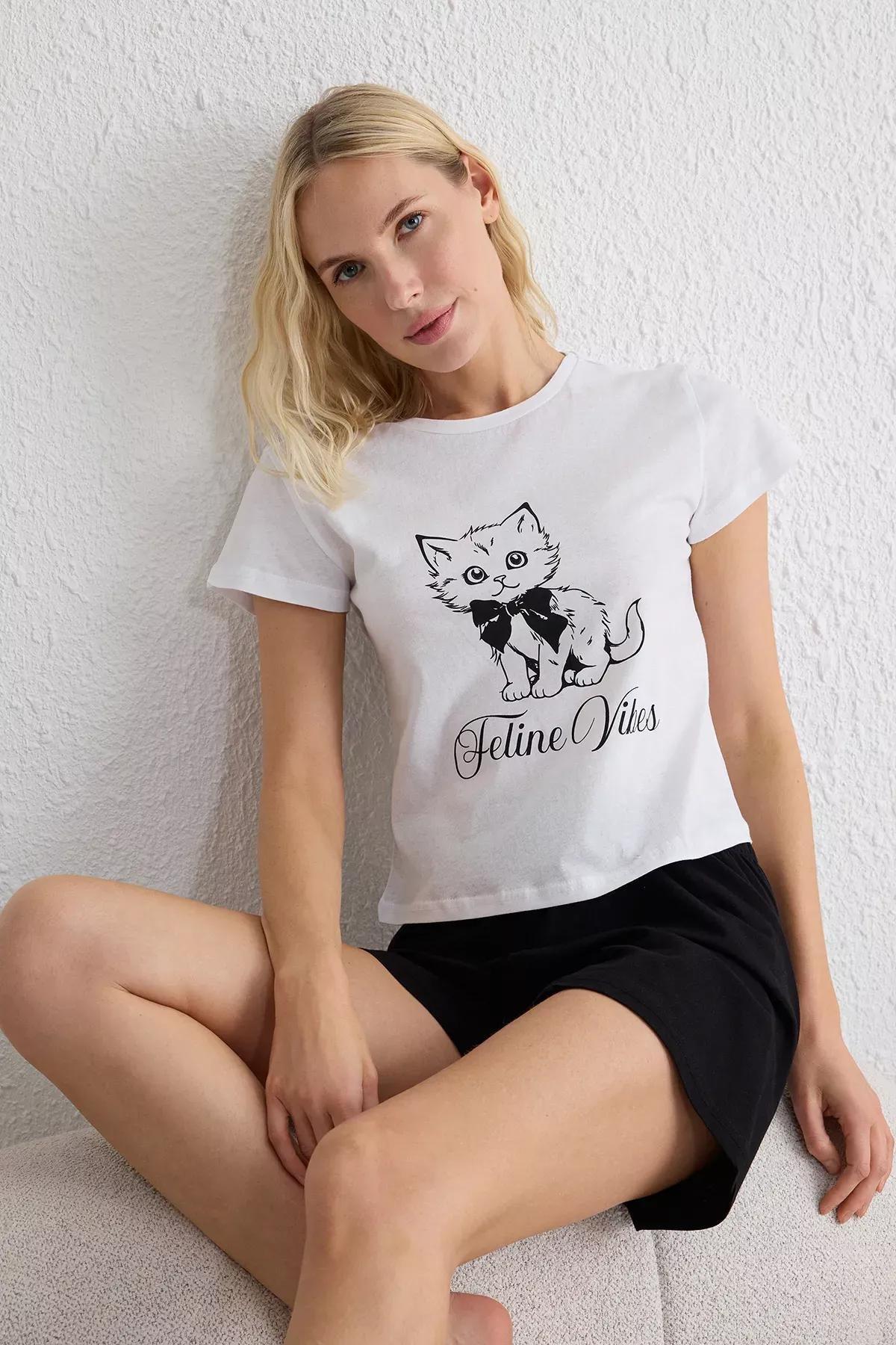 White Cat Ribbon Printed Pajama Set, White, large image number 0