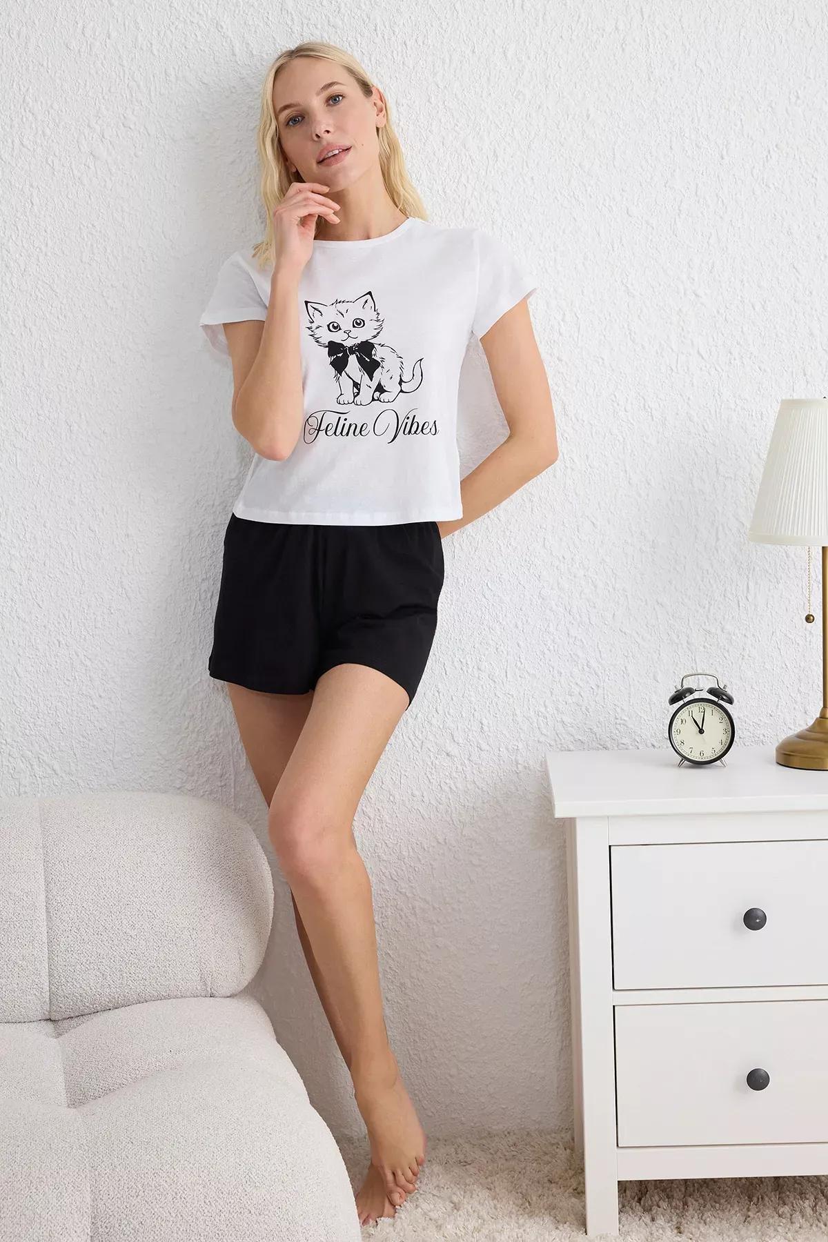 White Cat Ribbon Printed Pajama Set, White, large image number 1