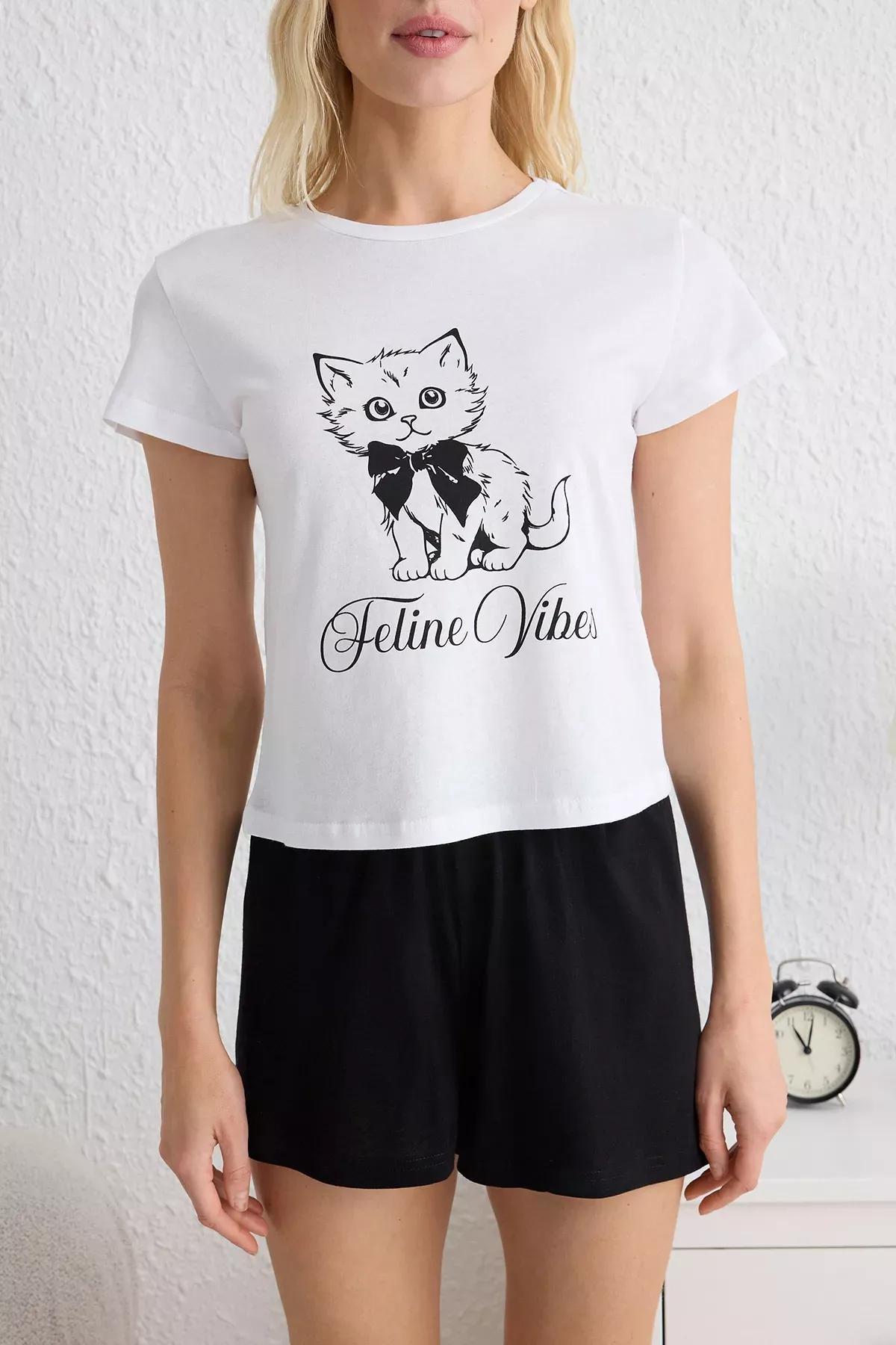 White Cat Ribbon Printed Pajama Set, White, large image number 2